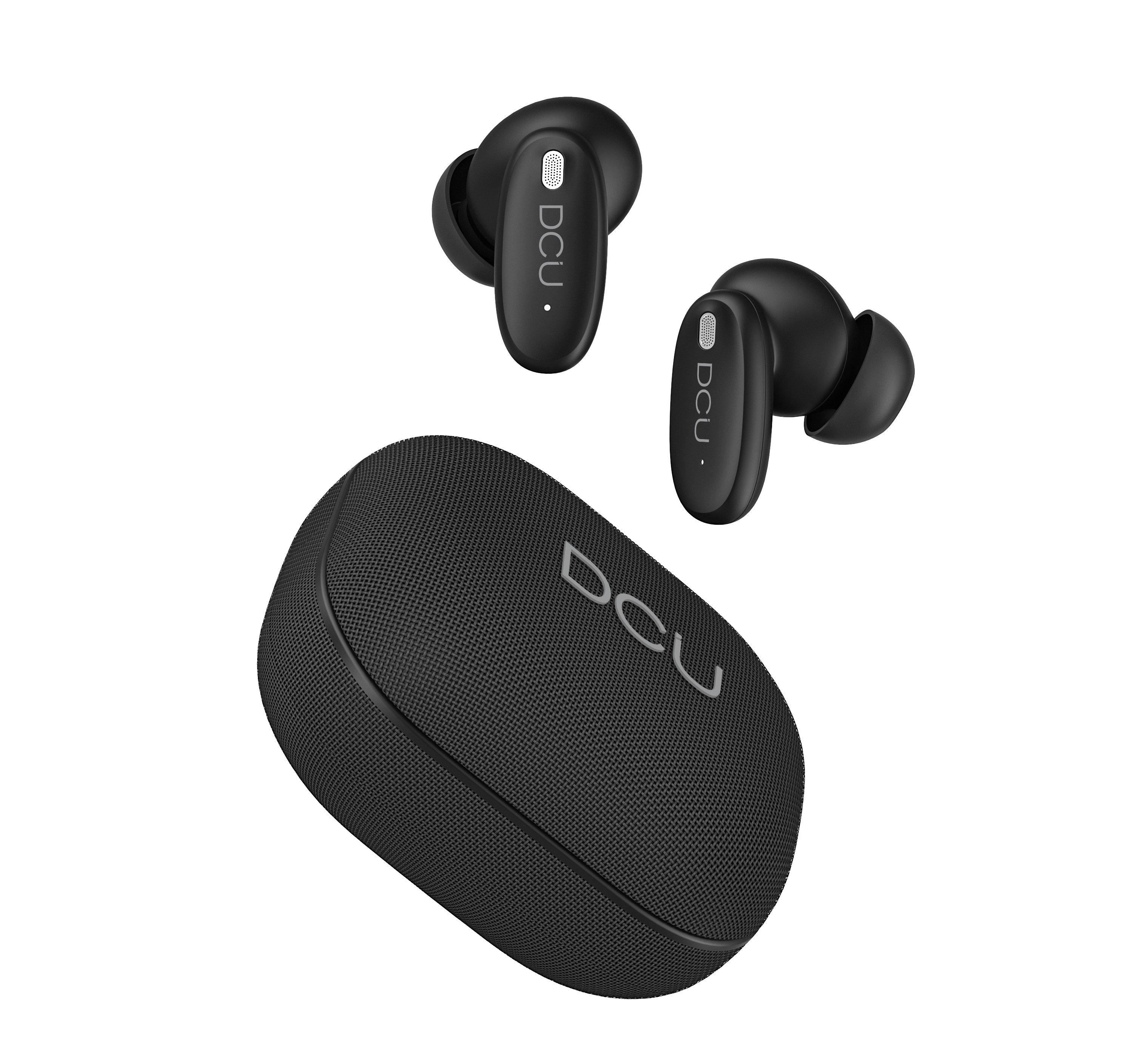 Auricolari wireless neri e custodia di ricarica su sfondo bianco. Sugli auricolari è stampato 'DCU'. La custodia è rotonda.