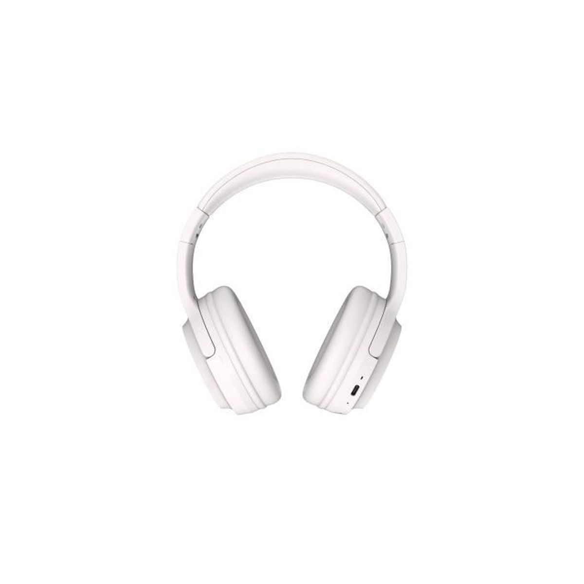 Cuffie bianche su sfondo bianco. Le cuffie hanno una fascia curva e padiglioni auricolari.