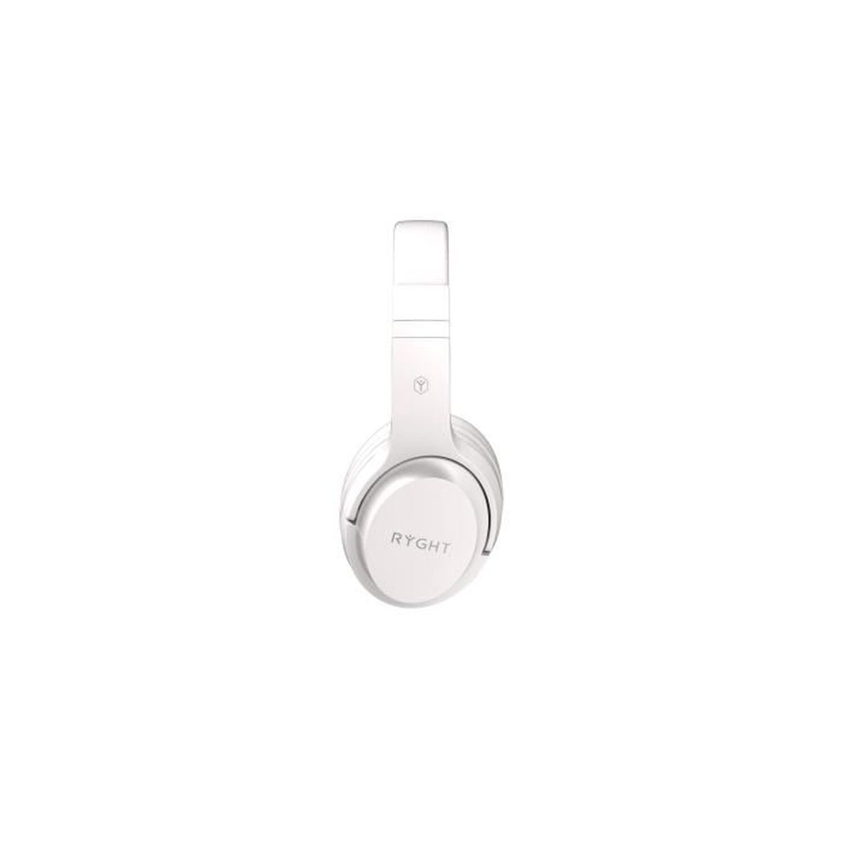 Una cuffia bianca over-ear con il marchio 'RYGHT' visibile sul padiglione. È su uno sfondo bianco.