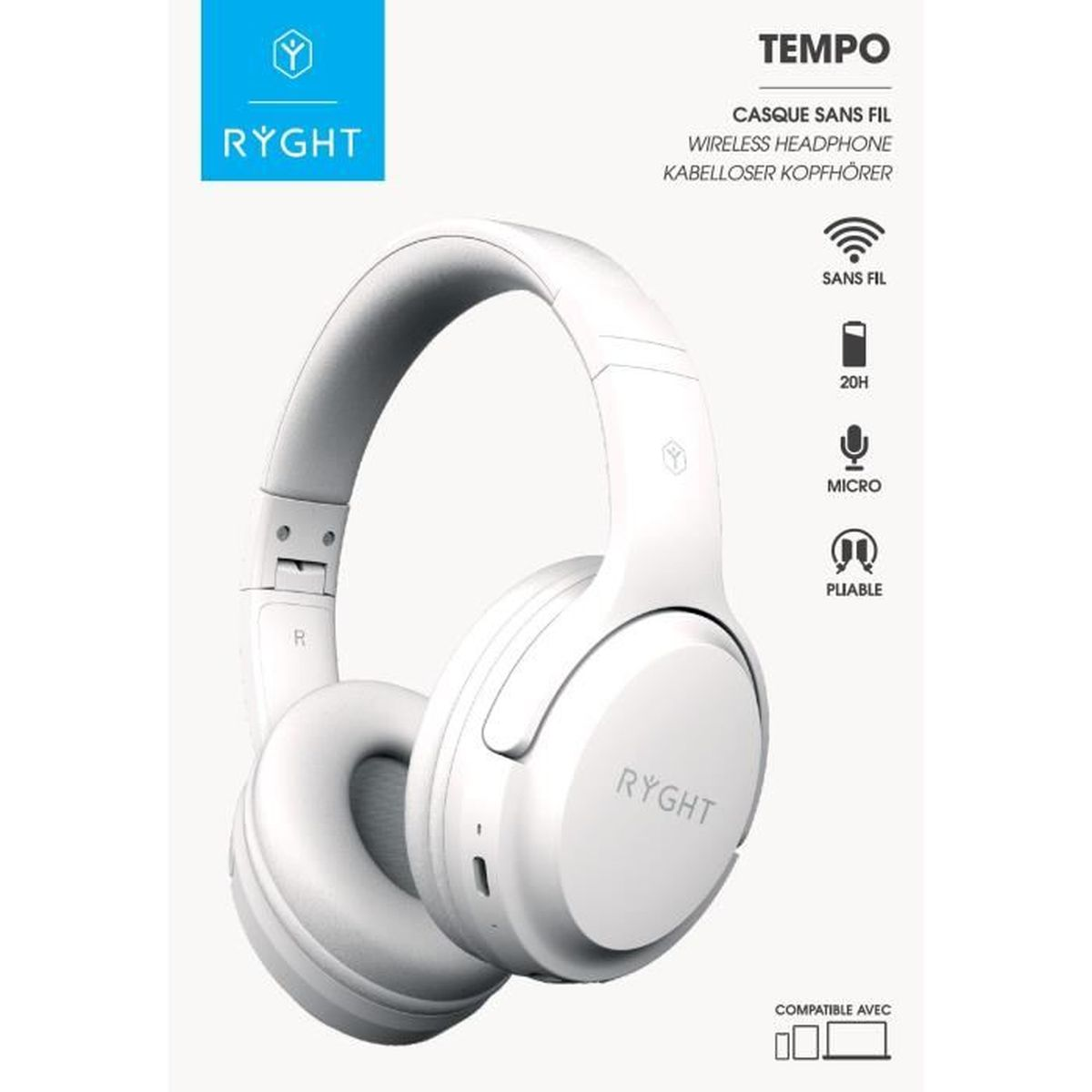 Cuffie wireless RYGHT Tempo bianche su sfondo bianco e blu. Caratteristiche: wireless, batteria 20H, microfono e pieghevole.