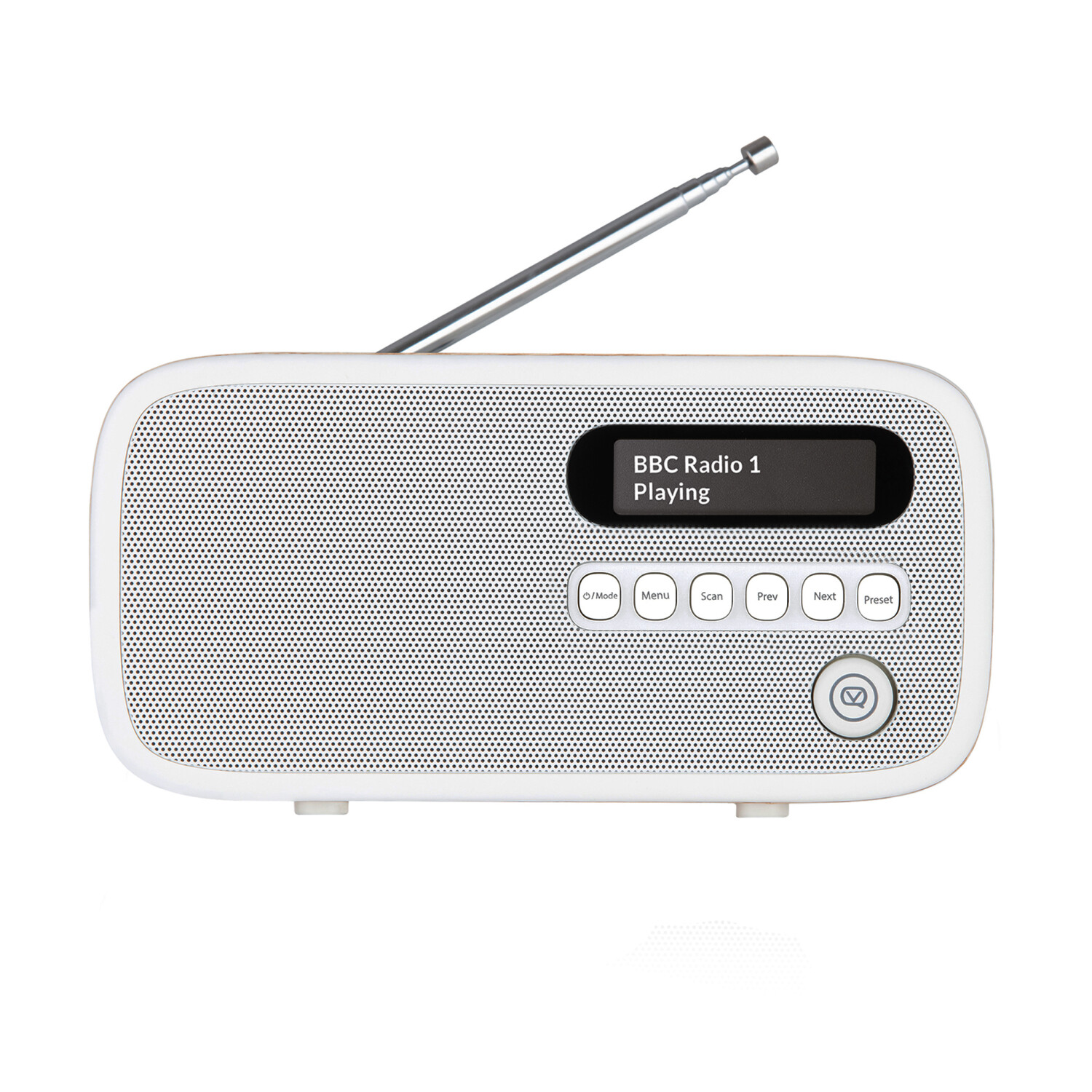 Weißes Radio mit Bildschirm, der 'BBC Radio 1 Playing' anzeigt. Es hat Knöpfe und eine Antenne. Auf weißem Hintergrund isoliert.