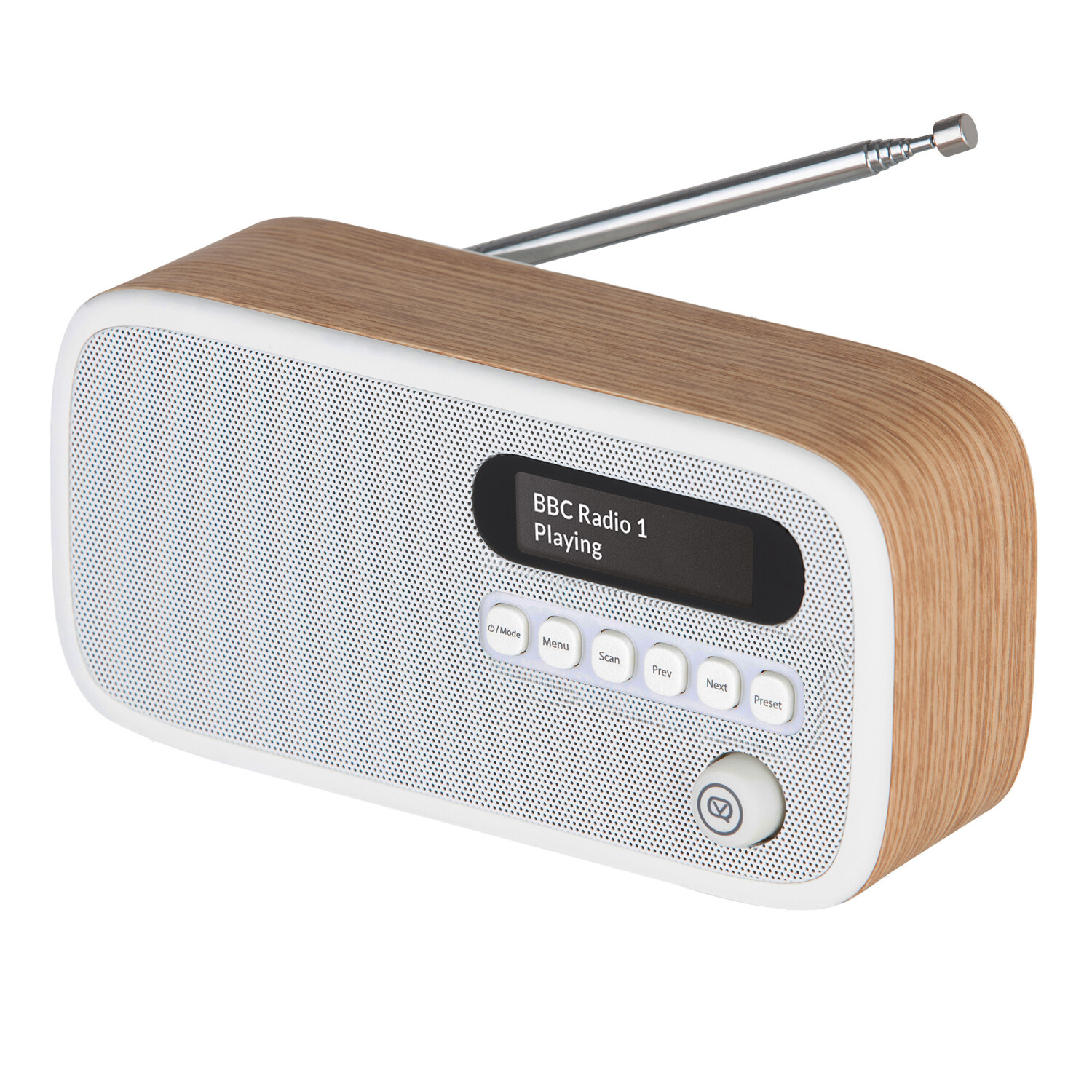 Ein modernes Radio mit Holzoberteil und weißer Front. Der Bildschirm zeigt 'BBC Radio 1 Playing'. Knöpfe und ein Knopf sind sichtbar.