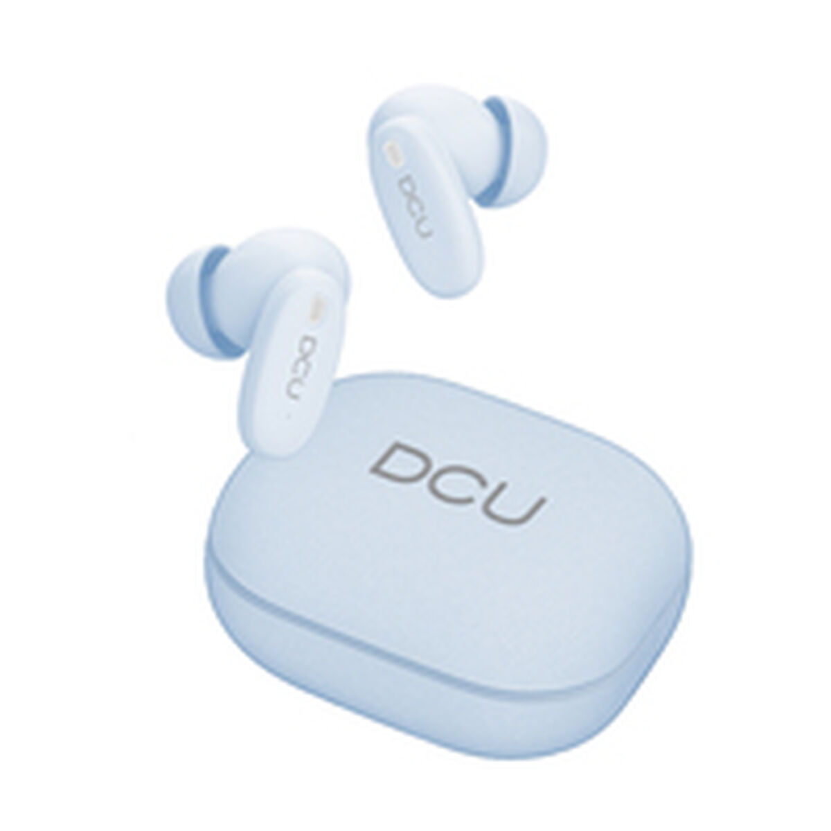 Un set di auricolari DCU azzurri. Sono visibili due auricolari e una custodia di ricarica. Gli auricolari sono sopra la custodia.