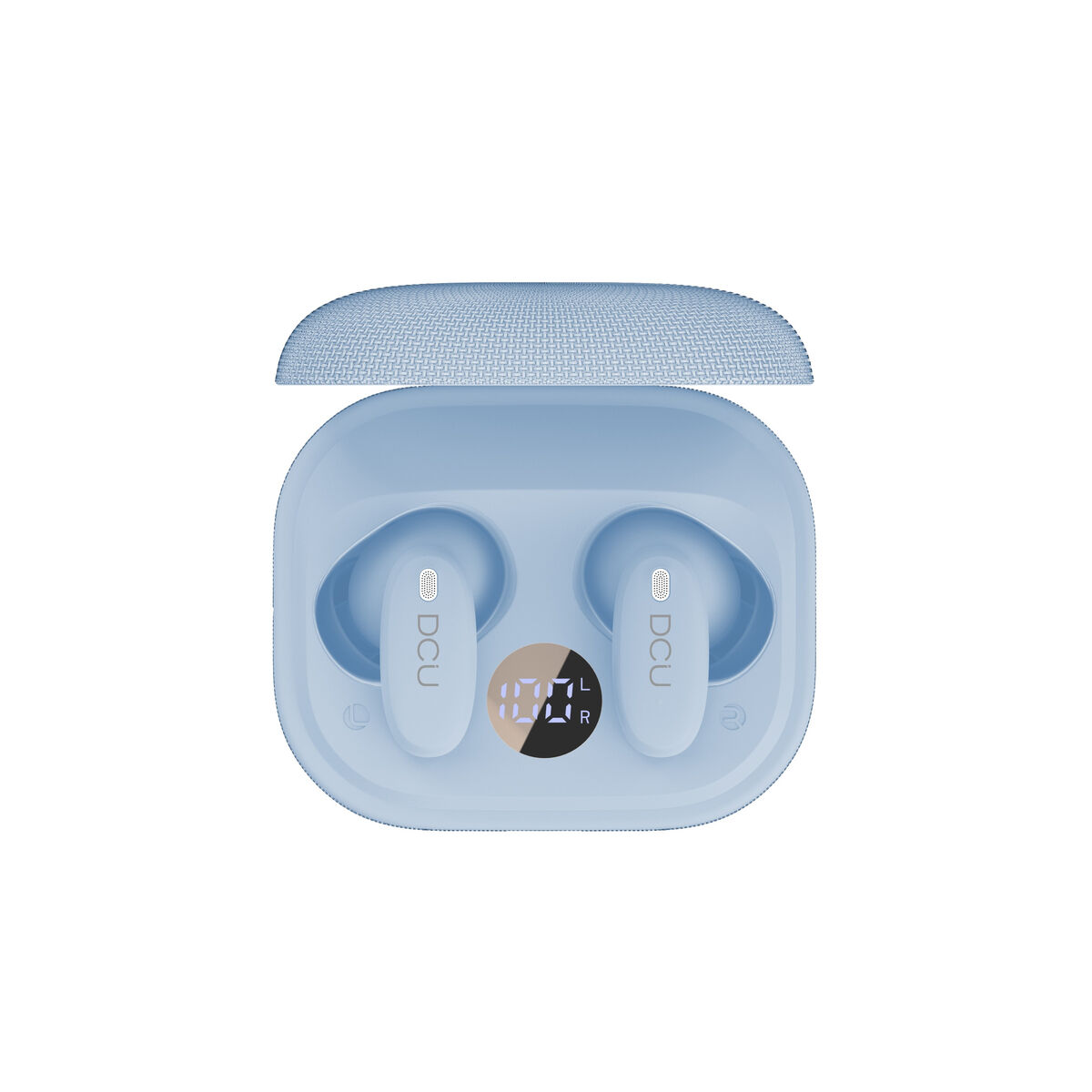 Auricolari wireless blu chiaro nella loro custodia di ricarica. Il coperchio della custodia è aperto. La custodia ha un display digitale.