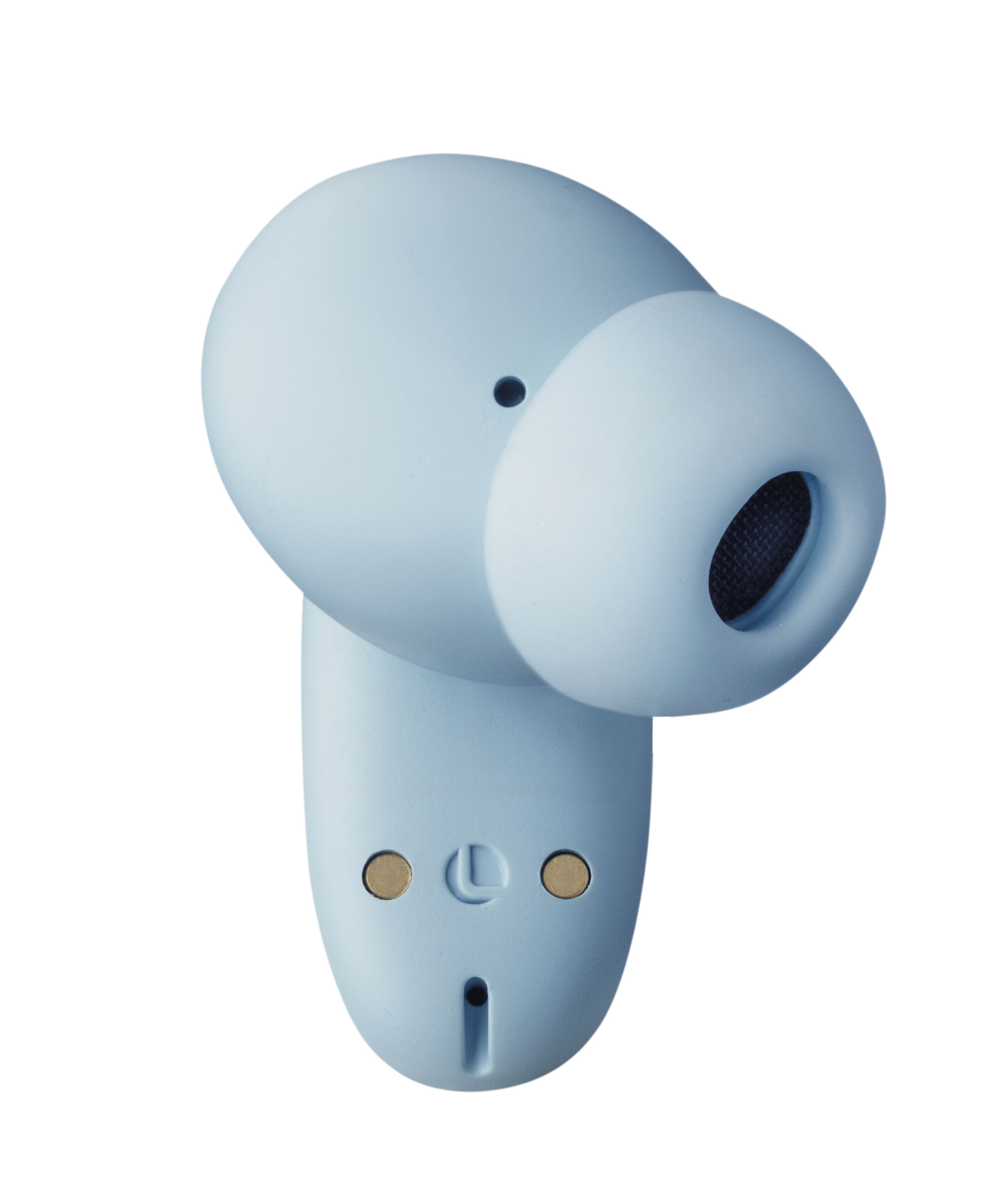 Un auricolare wireless azzurro su sfondo bianco. Ha una forma arrotondata con una rete nera nel condotto uditivo.