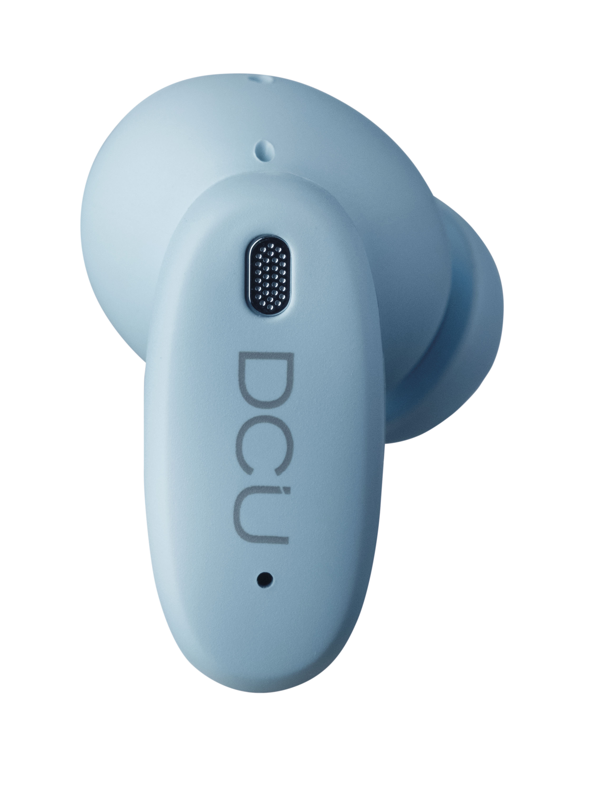 Un auricolare wireless azzurro con la scritta DCU. È su sfondo bianco. L'auricolare è angolato verso l'alto.