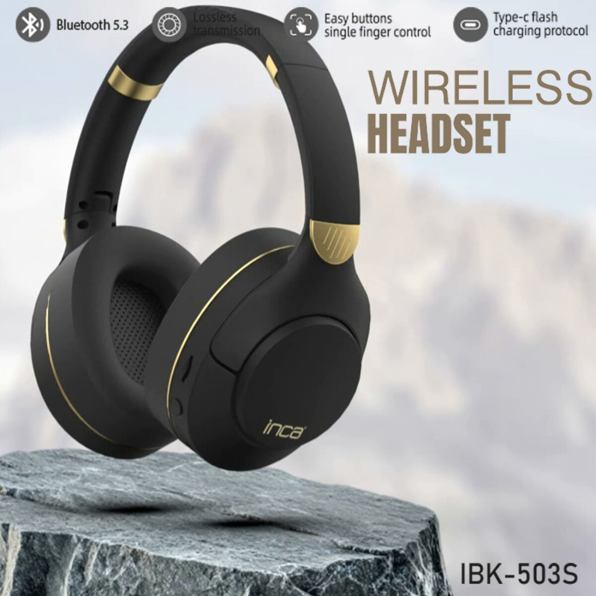 Casque sans fil noir avec des accents dorés, posé sur un rocher. Caractéristiques : Bluetooth 5.3, transmission sans perte et contrôle facile des boutons.