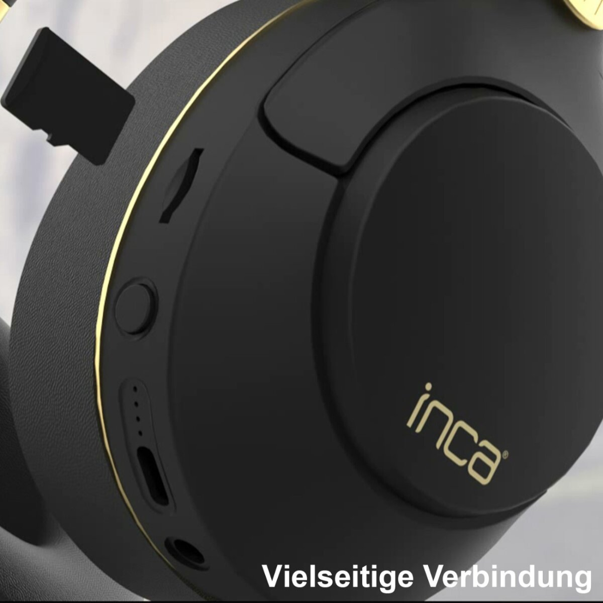 Casque noir avec détails dorés, logo Inca. Carte SD noire insérée. Texte de connexion polyvalent en bas.