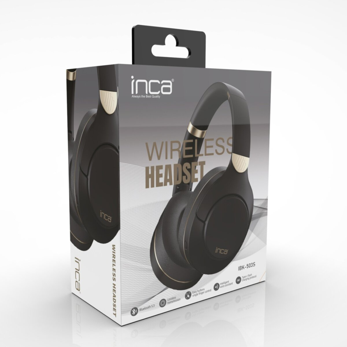 Une boîte de casque sans fil Inca. Les écouteurs noirs avec des accents dorés sont affichés sur la boîte. Le texte comprend 'Wireless Headset' et 'Always the Best Quality'.