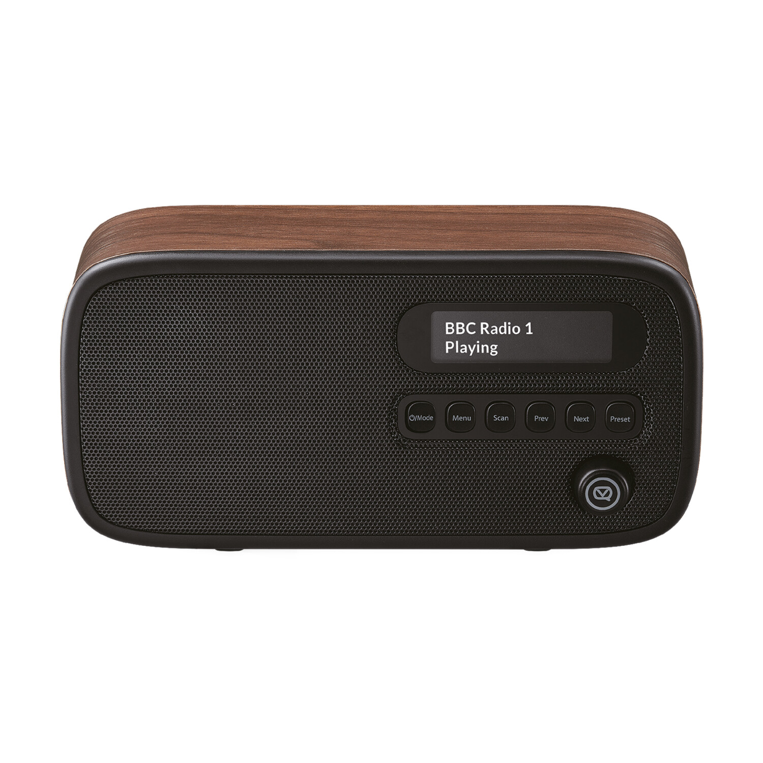 Ein braunes und schwarzes Radio mit einem Display, das 'BBC Radio 1 Playing' anzeigt. Tasten zur Steuerung sind sichtbar.