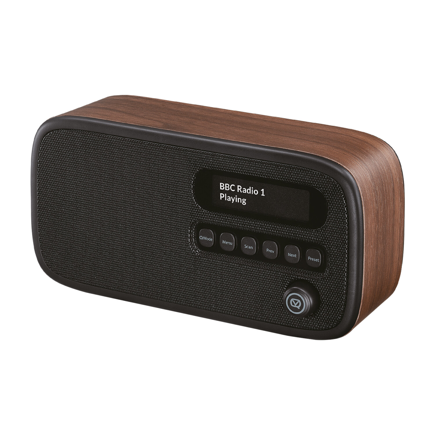 Ein braunes Holzradio mit schwarzer Front. Das Display zeigt 'BBC Radio 1 Playing'. Knöpfe unter dem Display. Rechts ein Lautstärkeregler.