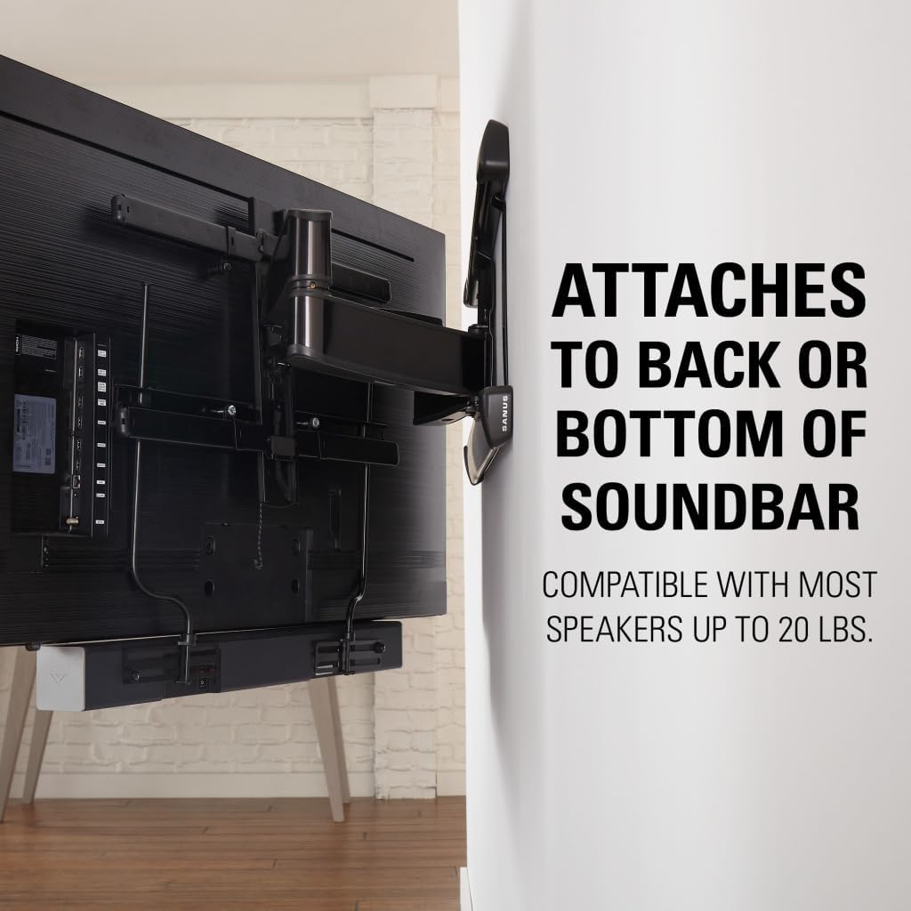 Eine schwarze TV-Halterung wird an der Rückseite eines Fernsehers befestigt. Text: Wird an der Rückseite oder Unterseite der Soundbar befestigt, kompatibel bis 20 lbs.