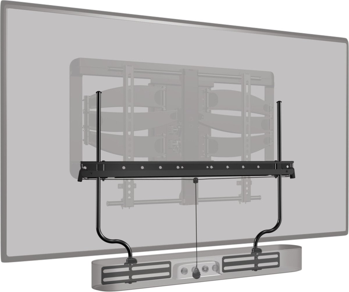 Ein Fernseher mit einer schwarzen Soundbar darunter. Schwarze Halterungen und Tragwerke sind sichtbar, die an Fernseher und Soundbar befestigt sind.
