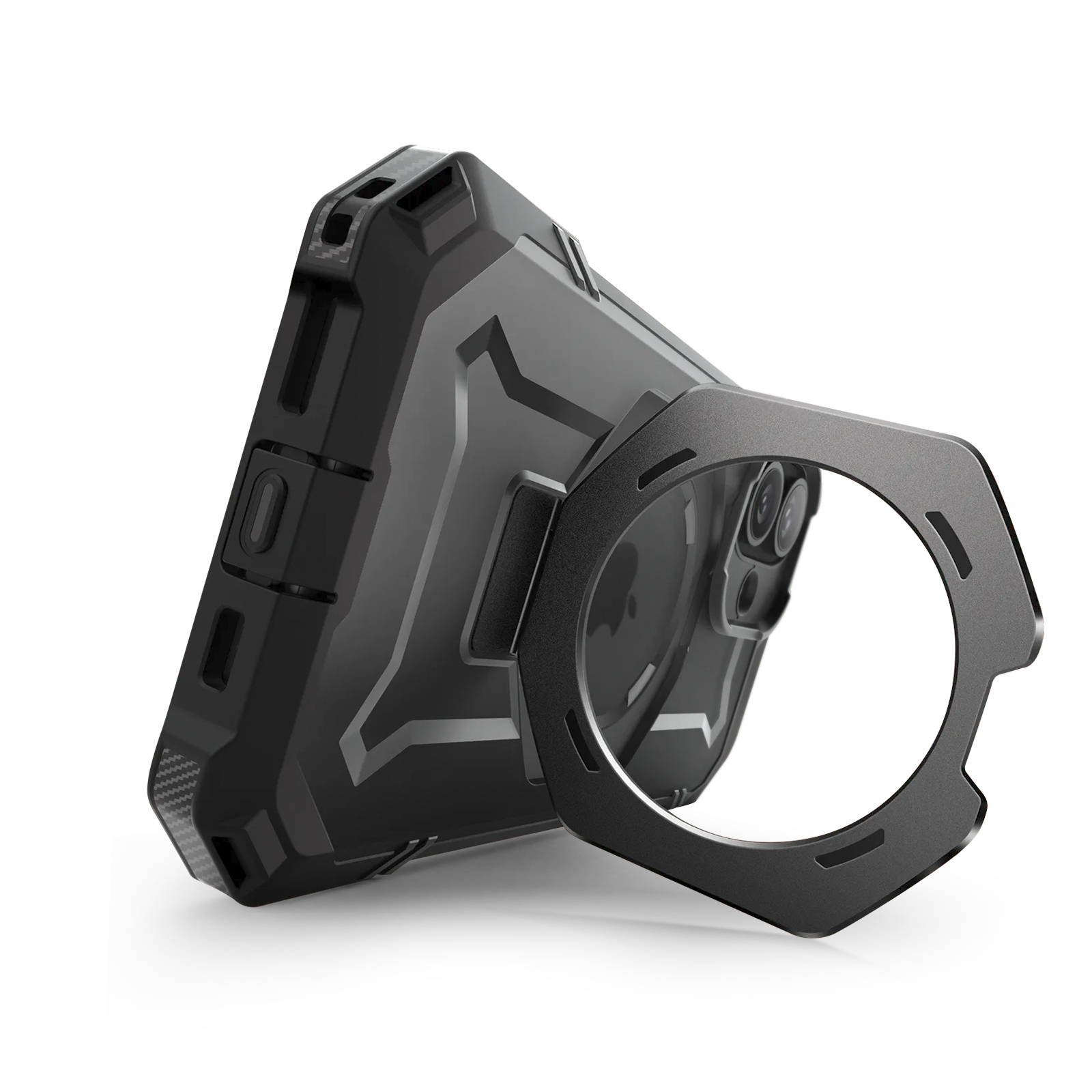 Eine schwarze Handyhülle mit Ringständer. Die Handyhülle ist auf einer weißen Oberfläche angewinkelt.