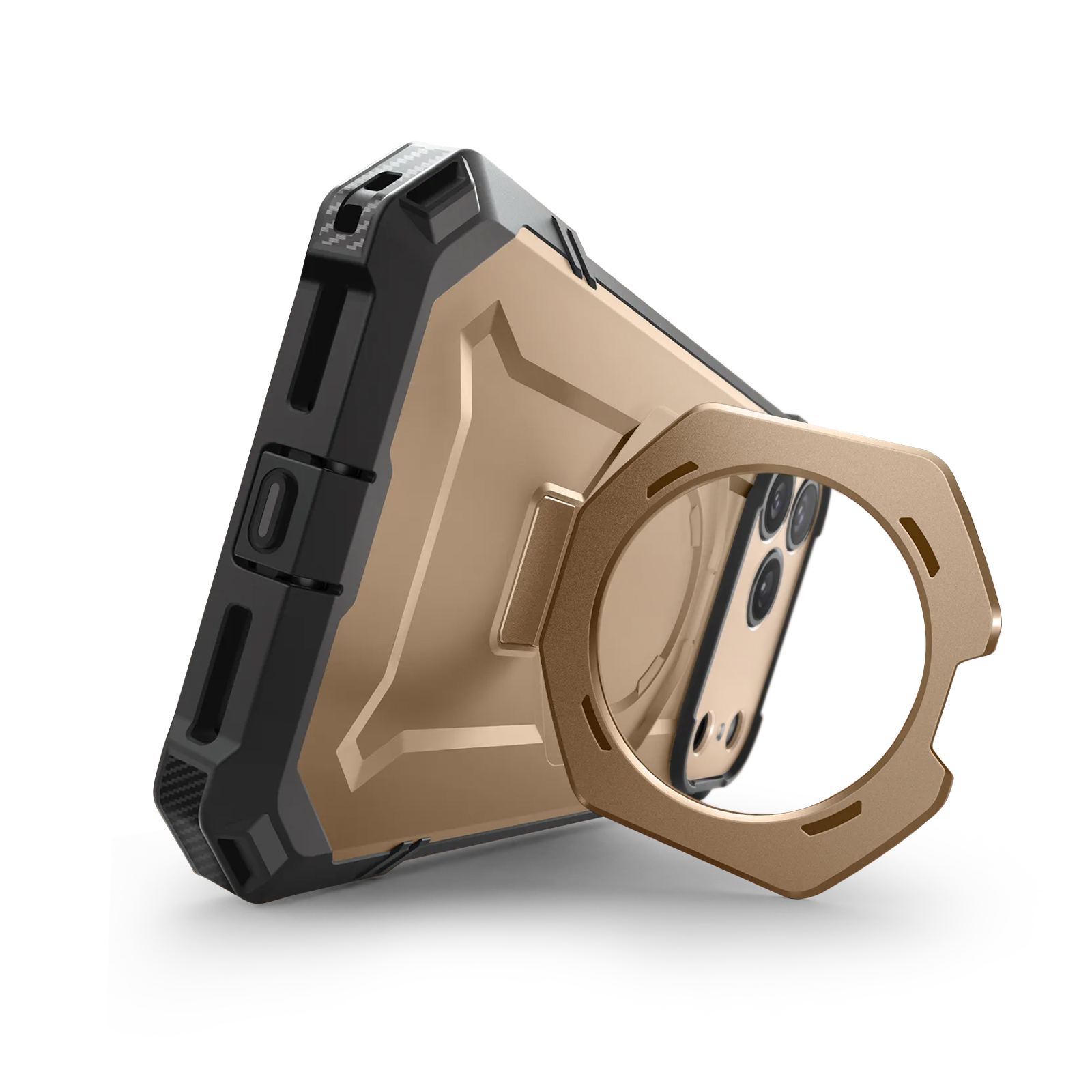 Una custodia per telefono, oro e nera, con un supporto ad anello. La custodia ha un ritaglio per la fotocamera ed è su sfondo bianco.