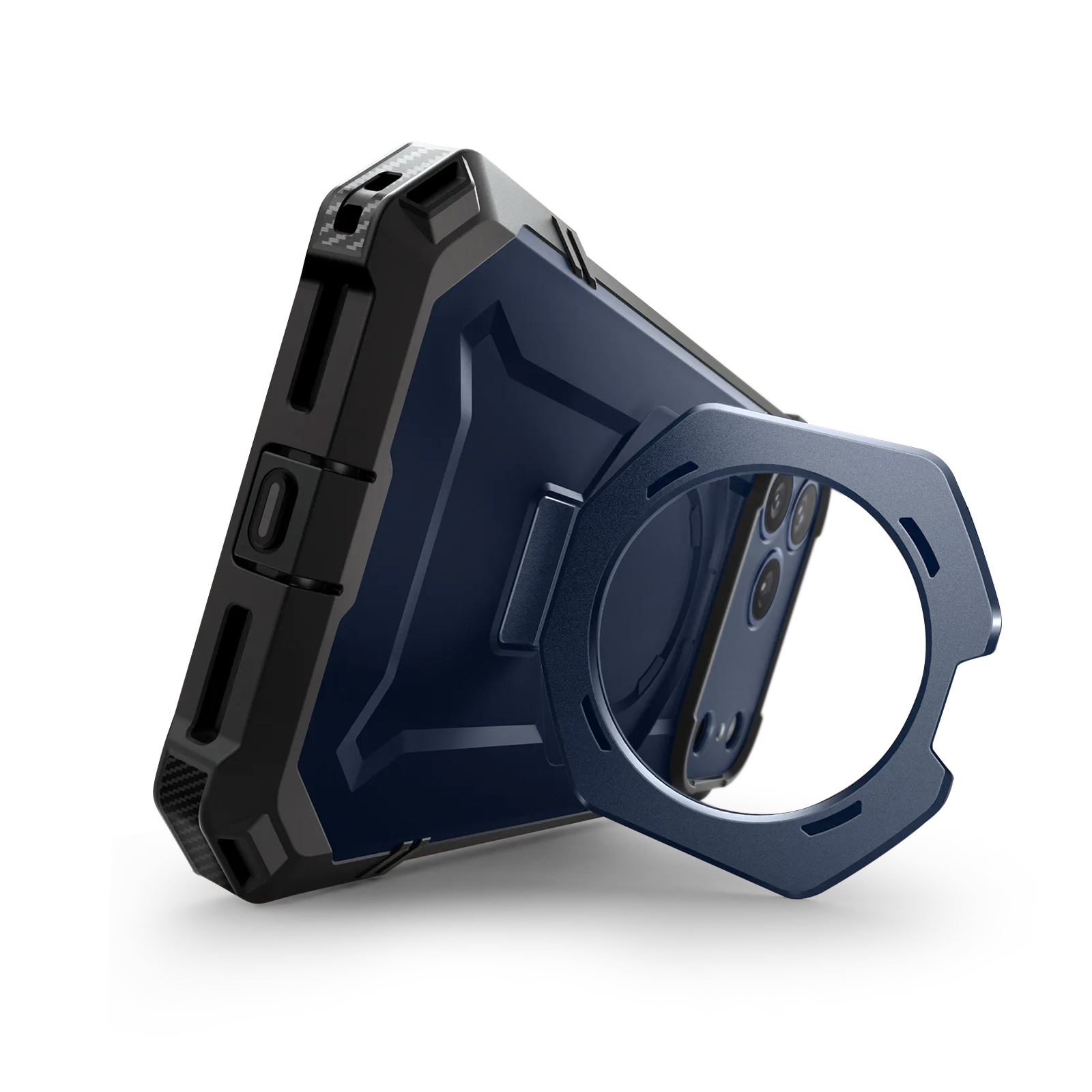 Una custodia blu scuro con supporto ad anello, angolata su sfondo bianco.