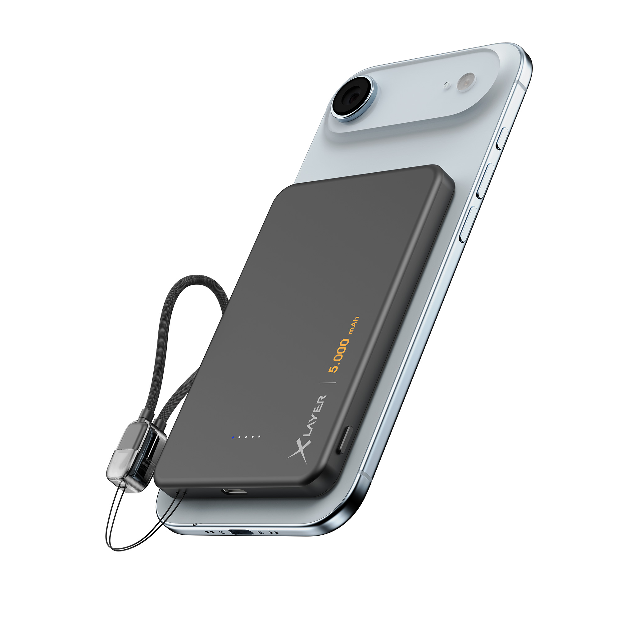 Ein Telefon mit einer schwarzen Powerbank. Die Powerbank hat einen Gurt und einen kleinen, silbernen Stecker.