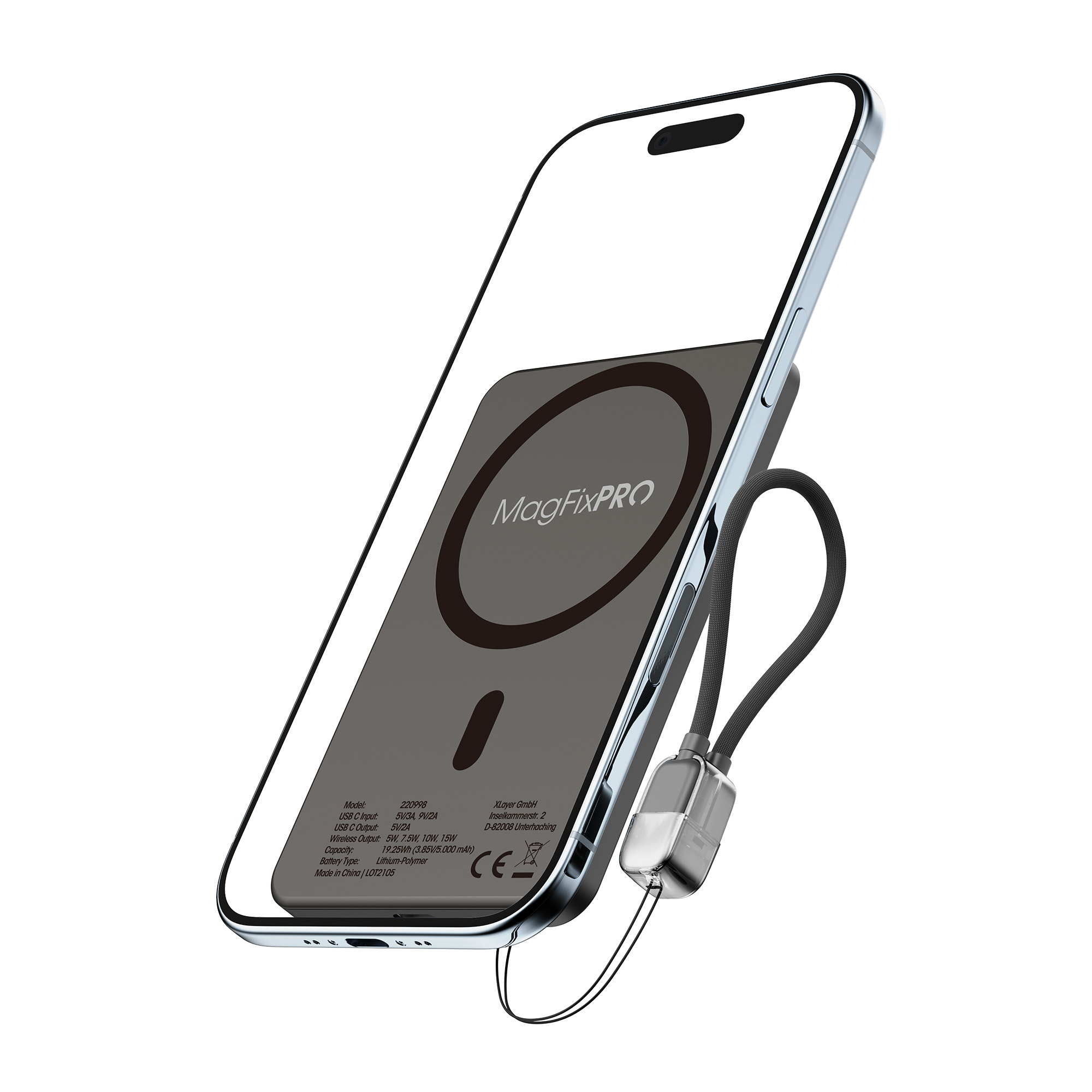 Ein Telefon ist an ein Ladegerät angedockt und zeigt das MagFixPRO-Logo. Ein schwarzes Kabel mit Metallende verbindet sich mit dem Ladegerät.