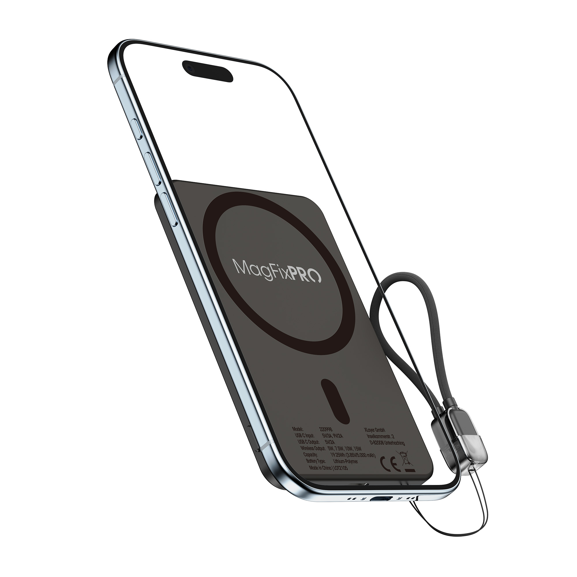 Ein Telefon-ähnliches Gerät mit schwarzer Rückseite, Text 'MagFixPRO' und einem Band. Das Gerät hat einen silbernen Rahmen.