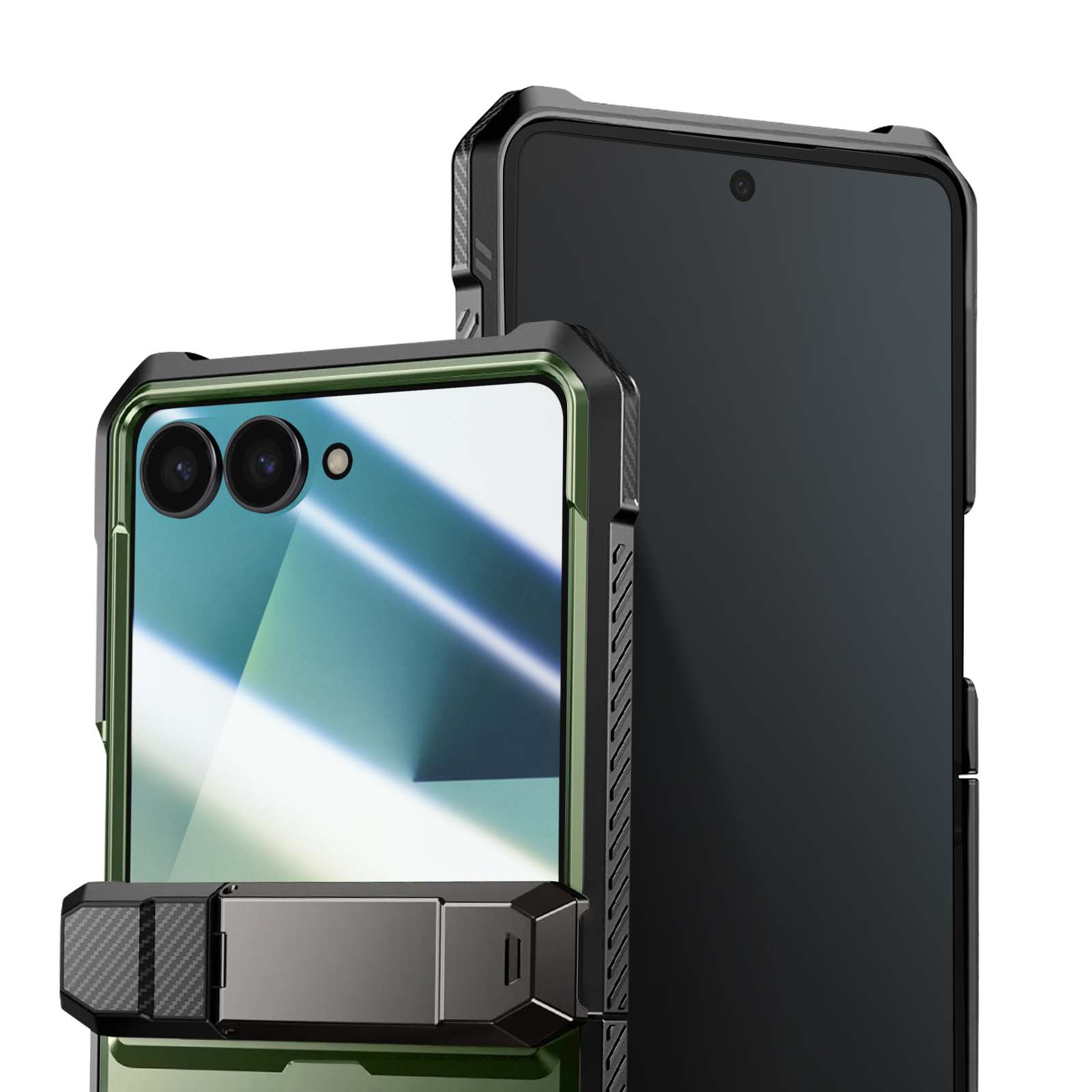 Zwei Smartphones in Schutzhüllen, eines gefaltet mit Kameras, das andere ausgeklappt. Beide haben dunkle Hüllen und grüne Akzente.