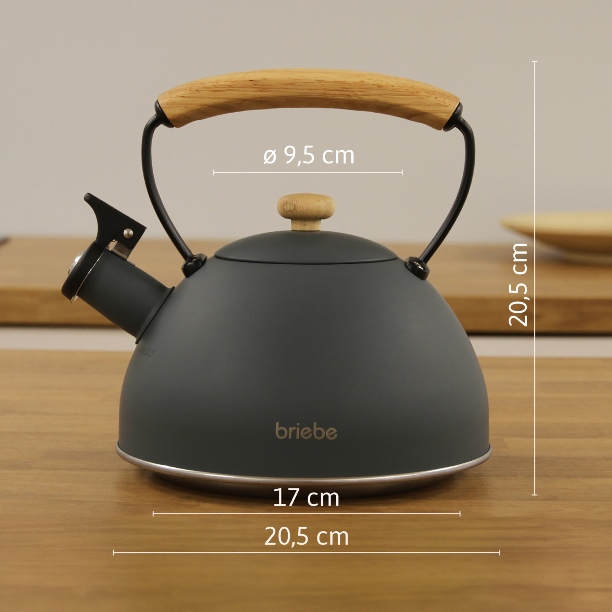 Una tetera gris oscuro con asa de madera sobre una superficie de madera. Dimensiones: altura 20,5 cm, ancho 17 cm, diámetro del asa 9,5 cm.
