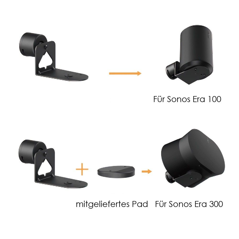 Diagramm mit Lautsprecherhalterungen. Eine Halterung für Sonos Era 100, eine mit Pad für Era 300. Pfeile zeigen die Montage.