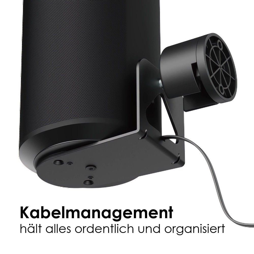 Ein schwarzer Lautsprecher mit Kabelmanagement. Der Lautsprecher ist zylindrisch. Text unten: Kabelmanagement hält alles ordentlich und organisiert.