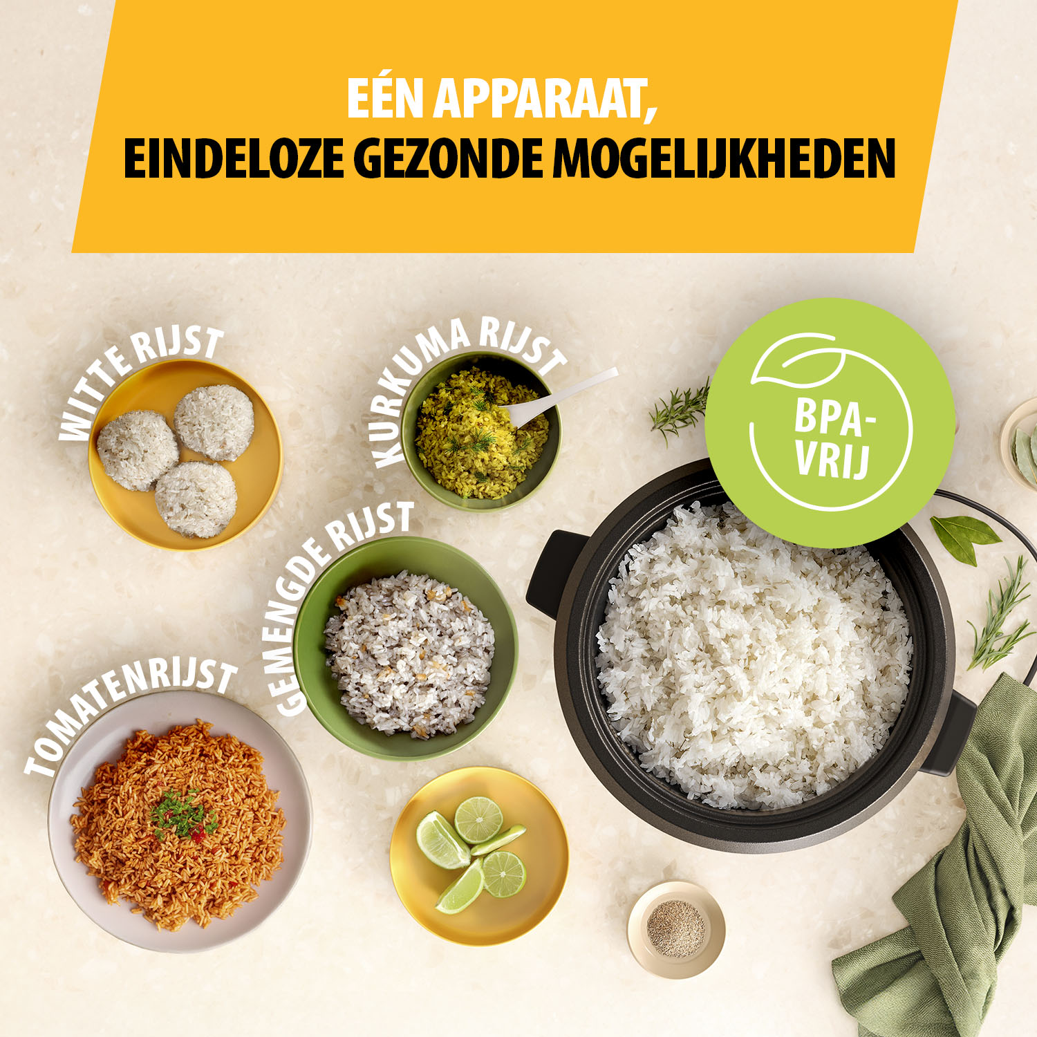 Image shows various rice dishes: white, turmeric, mixed, and tomato rice, along with limes, herbs, and a BPA-free symbol.