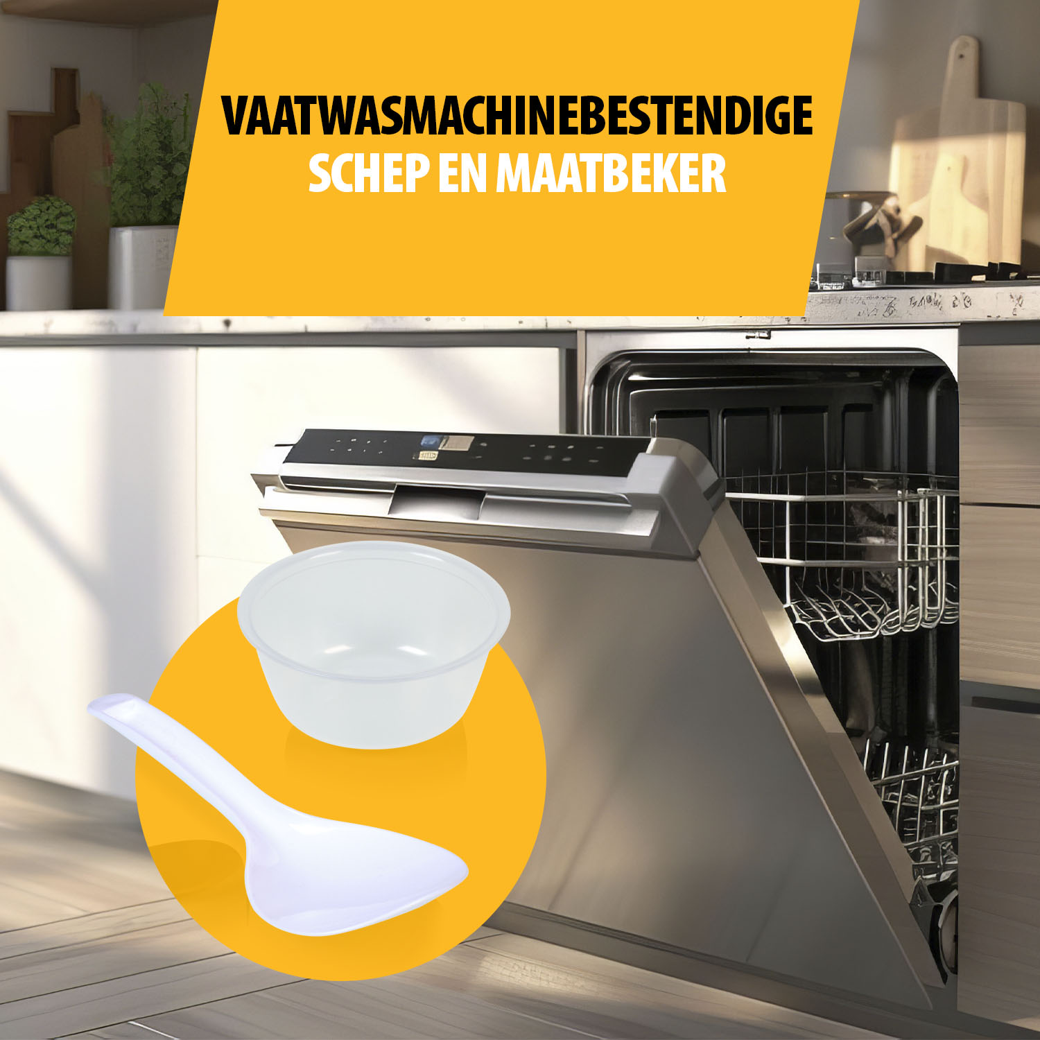 A dishwasher with an open door. A white scoop and a bowl are on a yellow circle. Text says 'dishwasher safe scoop and measuring cup'.