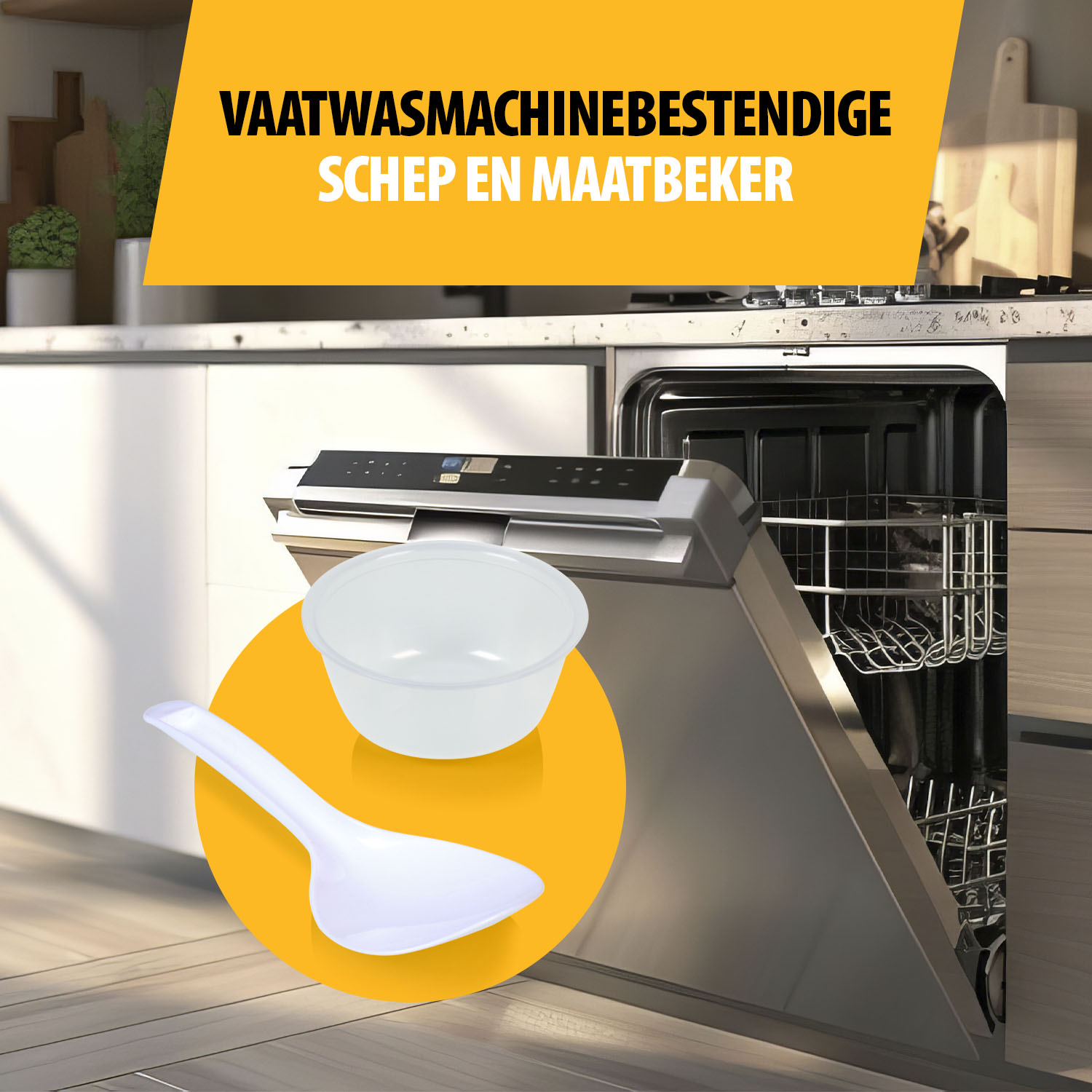A white scoop and a bowl are on a yellow circle in front of an open dishwasher in a kitchen.