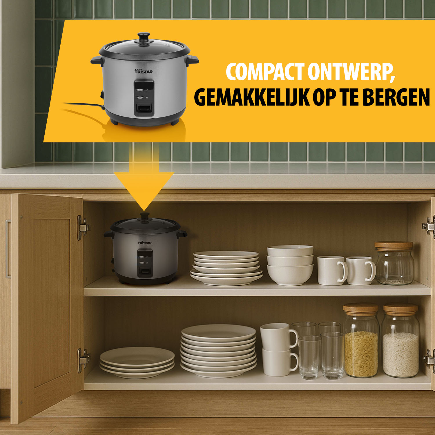 A rice cooker above a cabinet with dishes and jars.