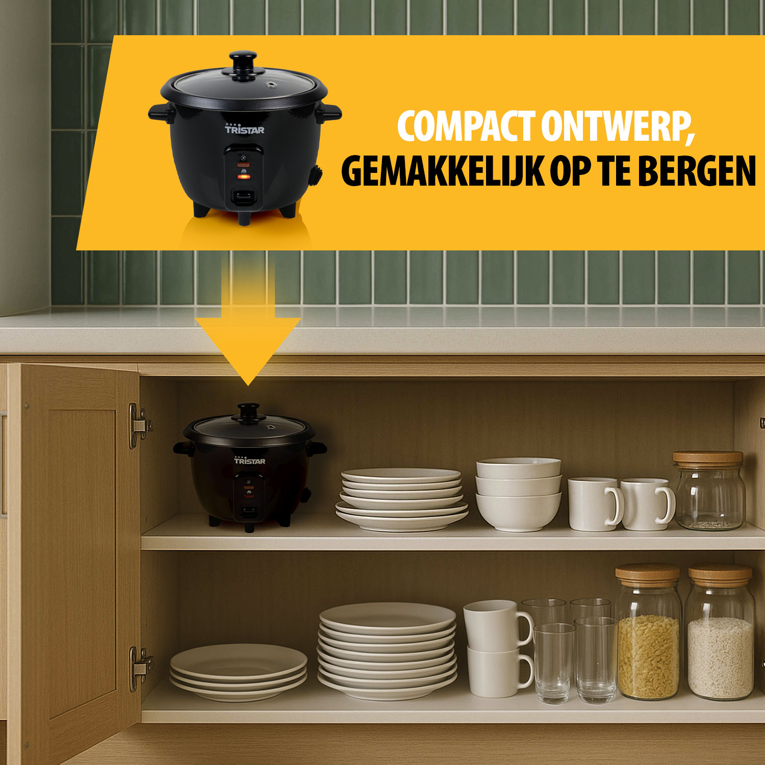 A black rice cooker on a kitchen cabinet shelf, with plates, bowls, and jars. Text: Compact design, easy to store.