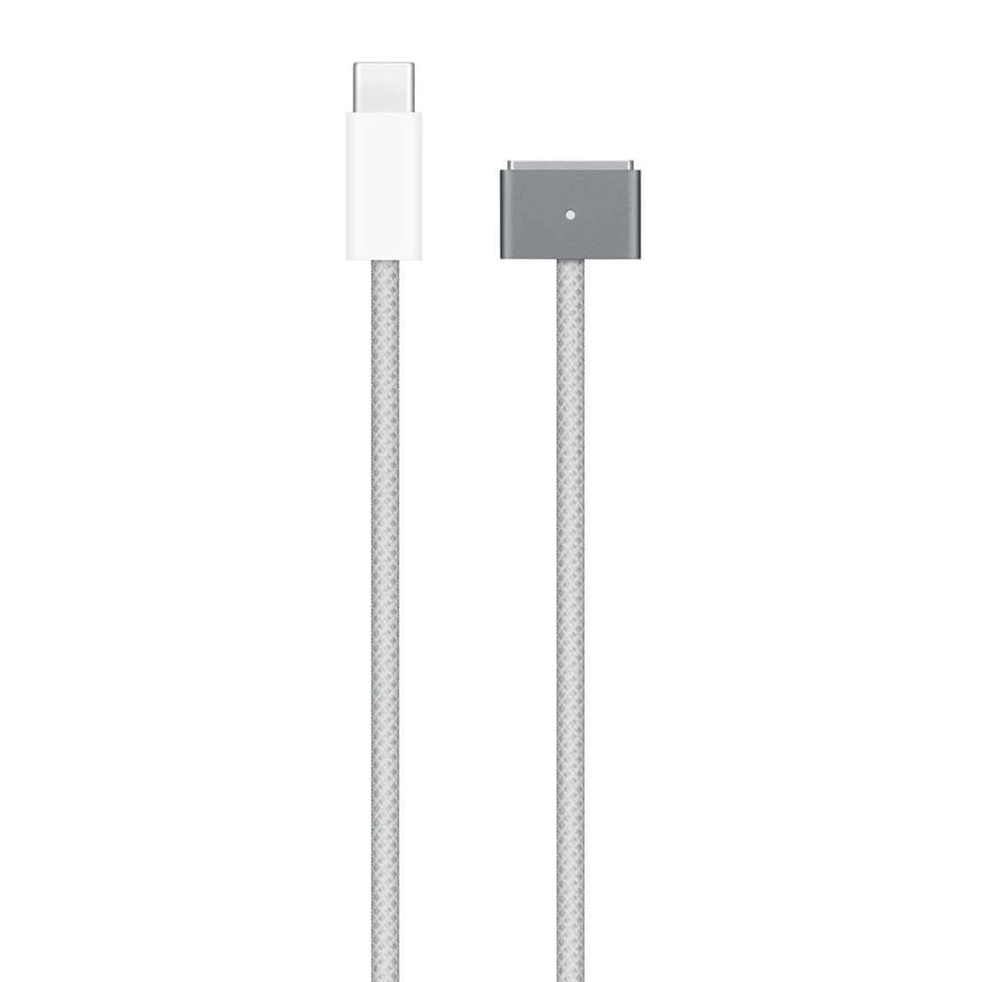 Due cavi di ricarica bianchi e grigi. Uno con connettore USB-C, l'altro magnetico, su sfondo bianco.