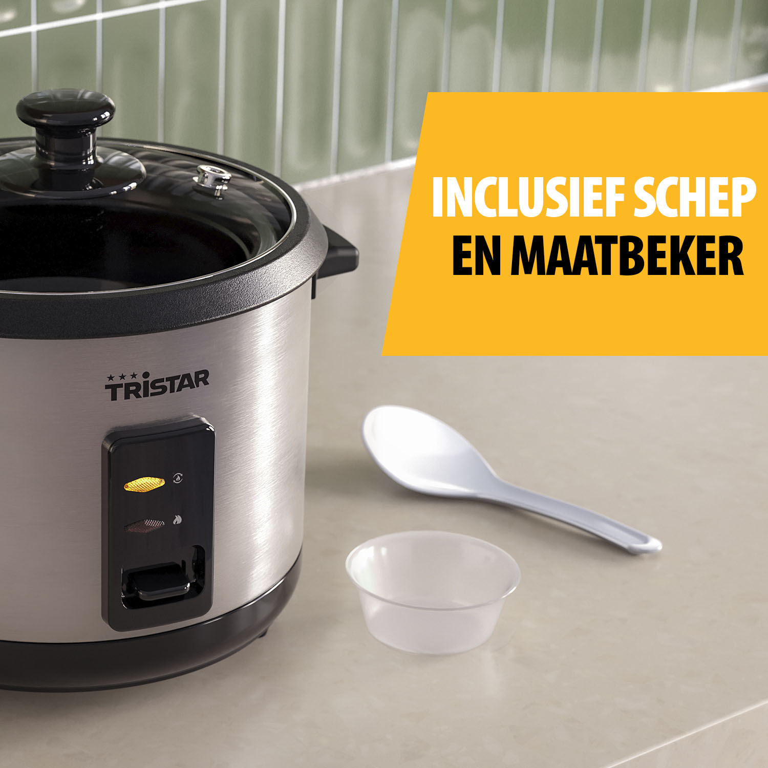 A rice cooker with a lid, scoop, and measuring cup. Text says 'Includes scoop and measuring cup'.