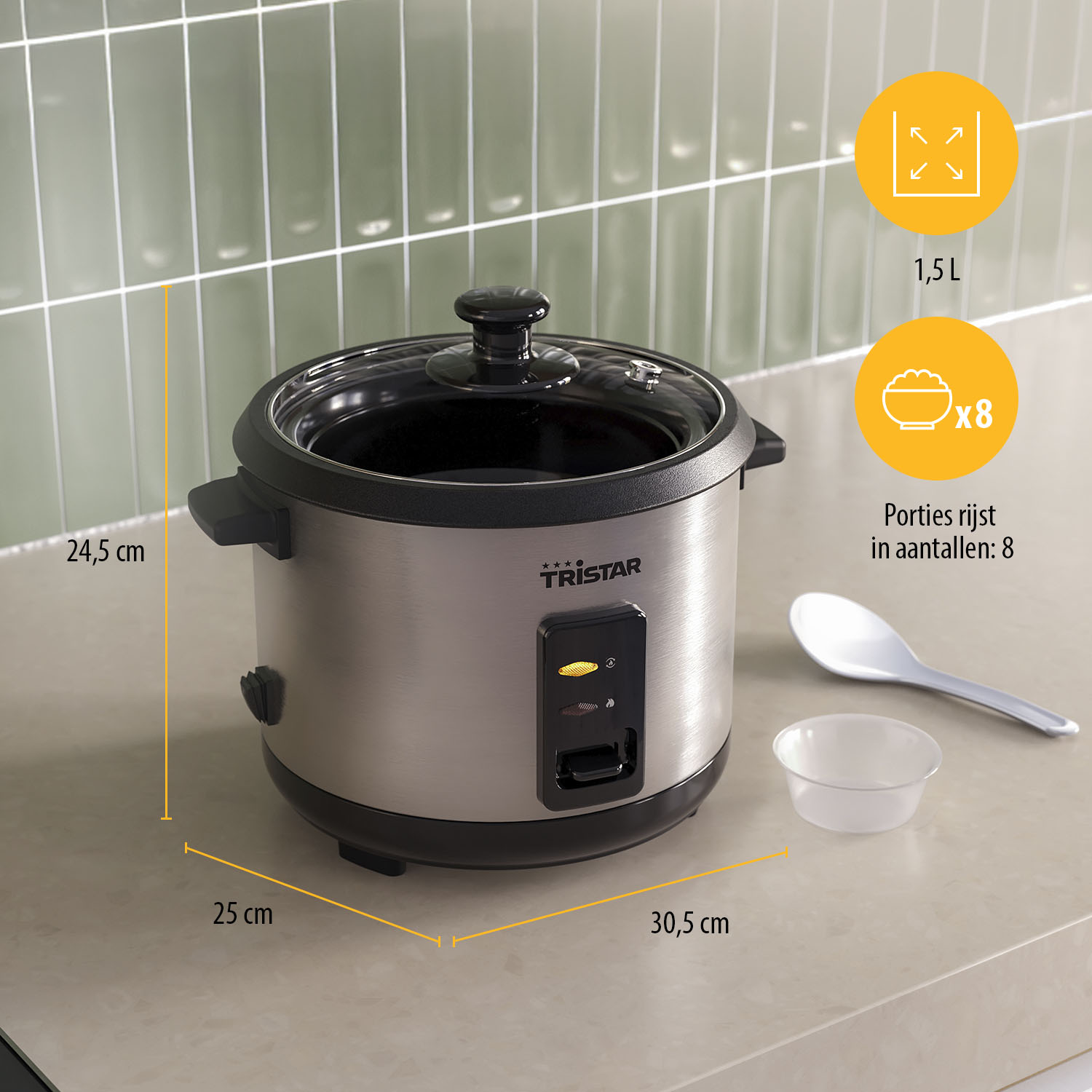 A silver rice cooker with a glass lid. Beside it are a measuring cup, a spoon, and two yellow circles with text.