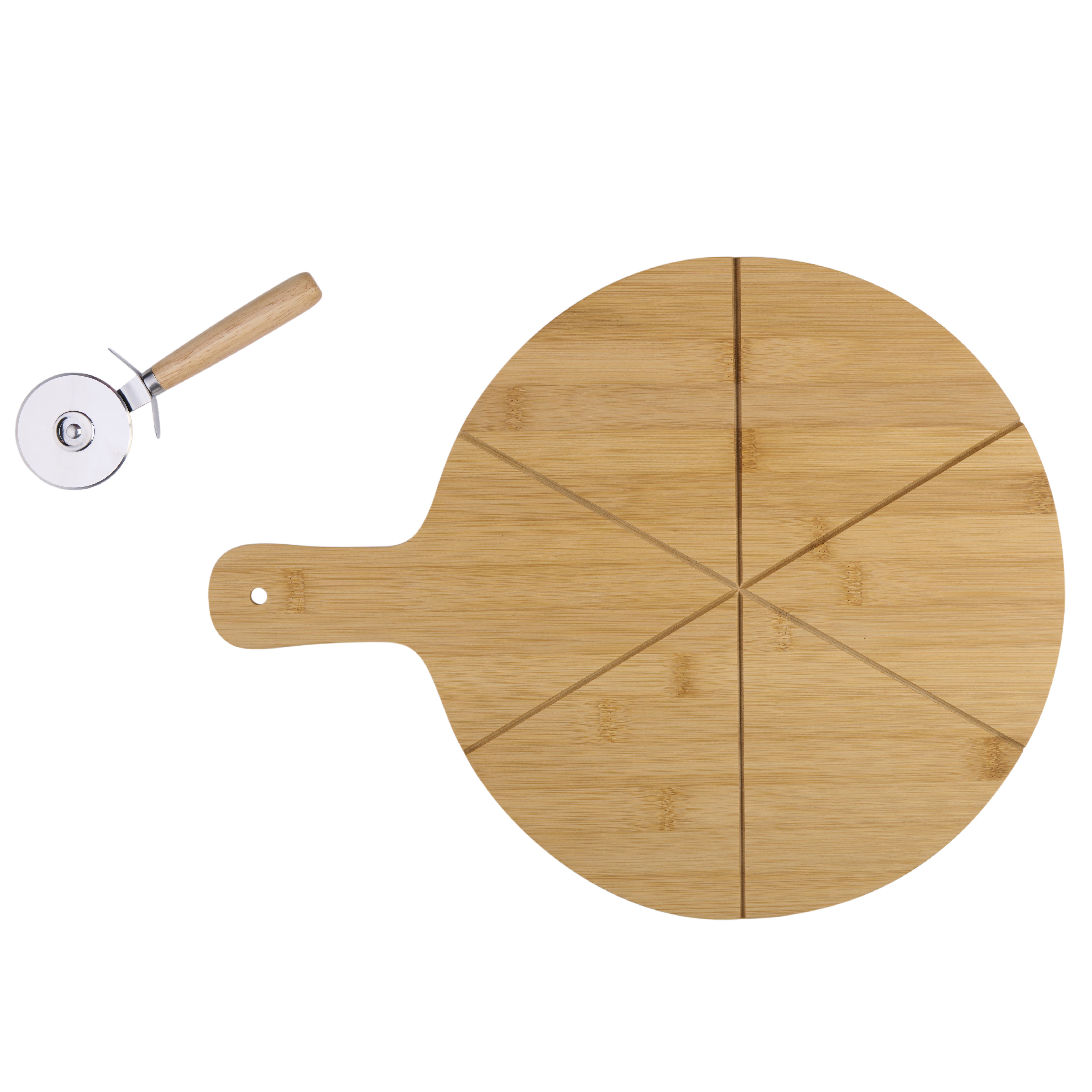 A round wooden pizza board with pre-cut slices and a pizza cutter on a white background.