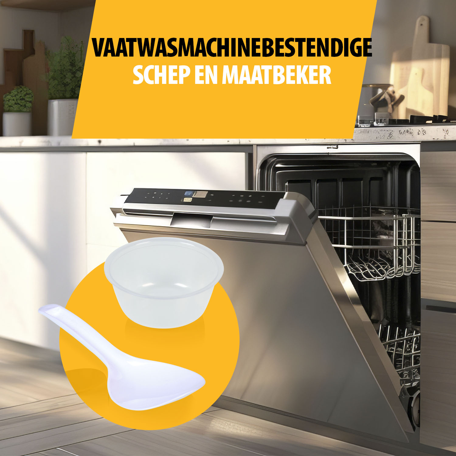 A dishwasher with an open door. In front, a white scoop and a bowl on a yellow circle. Text: dishwasher safe scoop and measuring cup.