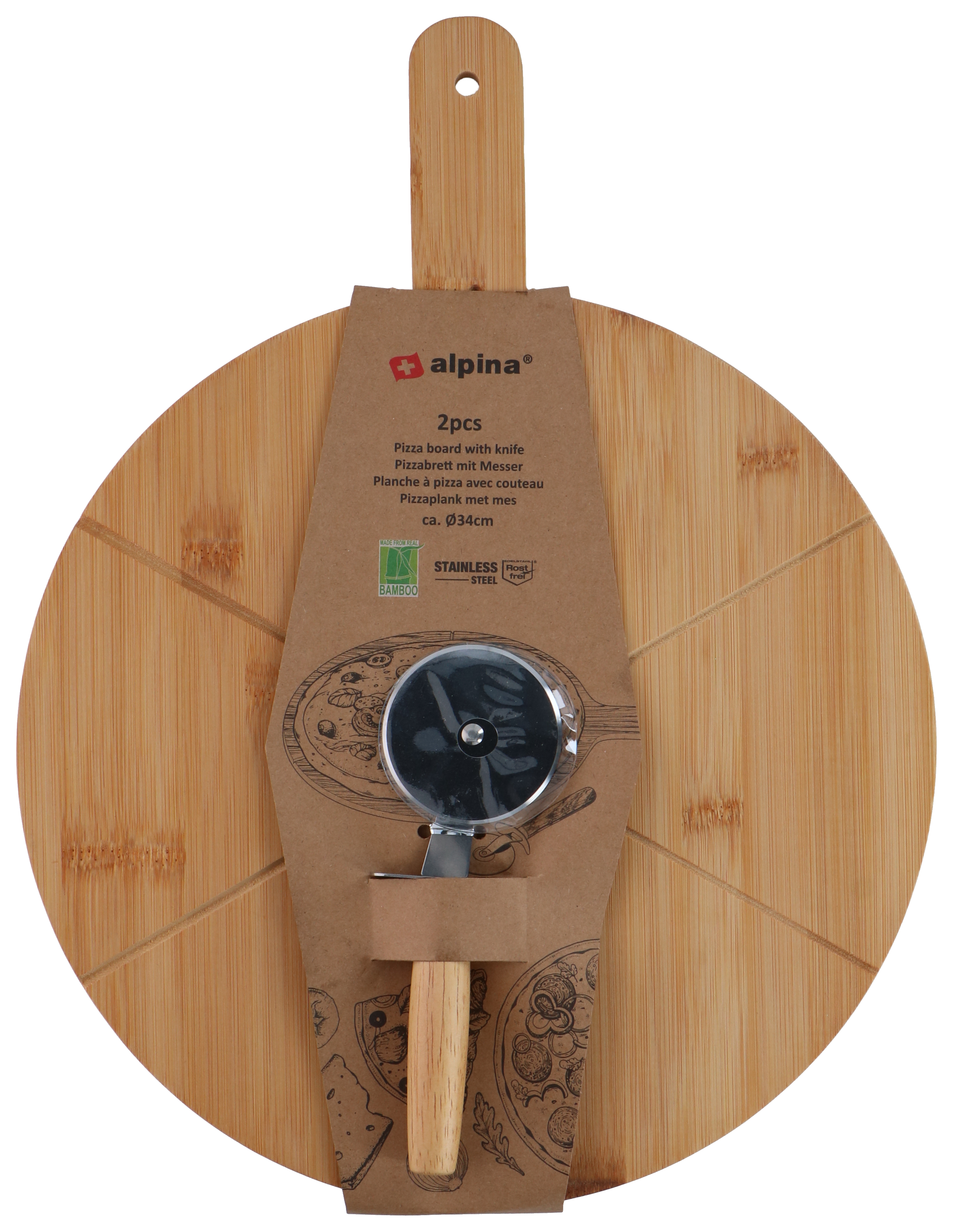 Pizza board with knife. Round bamboo board with a pizza cutter attached. The board has a handle.