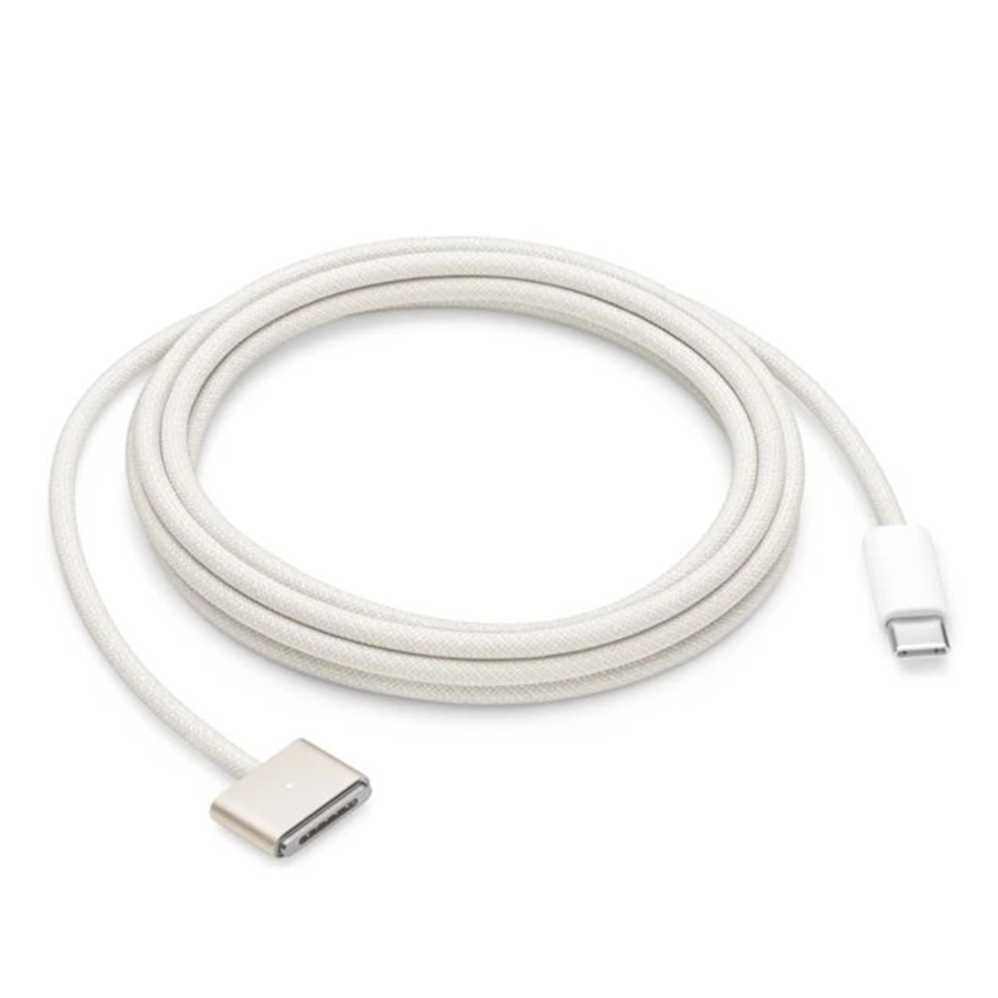 A white braided USB-C charging cable with a magnetic connector on a white background.