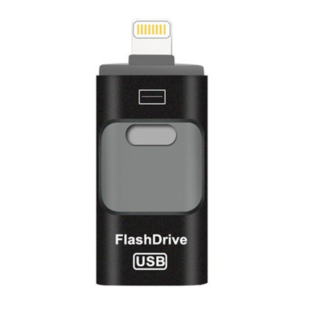 Schwarzer und grauer FlashDrive USB mit Lightning-Anschluss, die Aufschrift lautet FlashDrive USB.