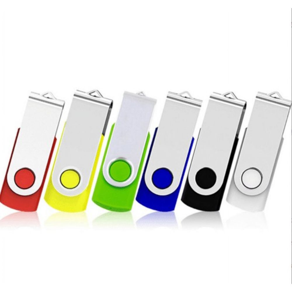 Sechs USB-Sticks. Jeder hat einen silbernen Deckel und einen farbigen Sockel: rot, gelb, grün, blau, schwarz und weiß.