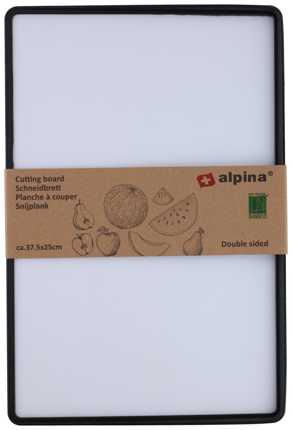 Cutting board with black frame. Brown label with fruits and alpina logo. Board is white. Double sided, ca. 37.5x25cm.