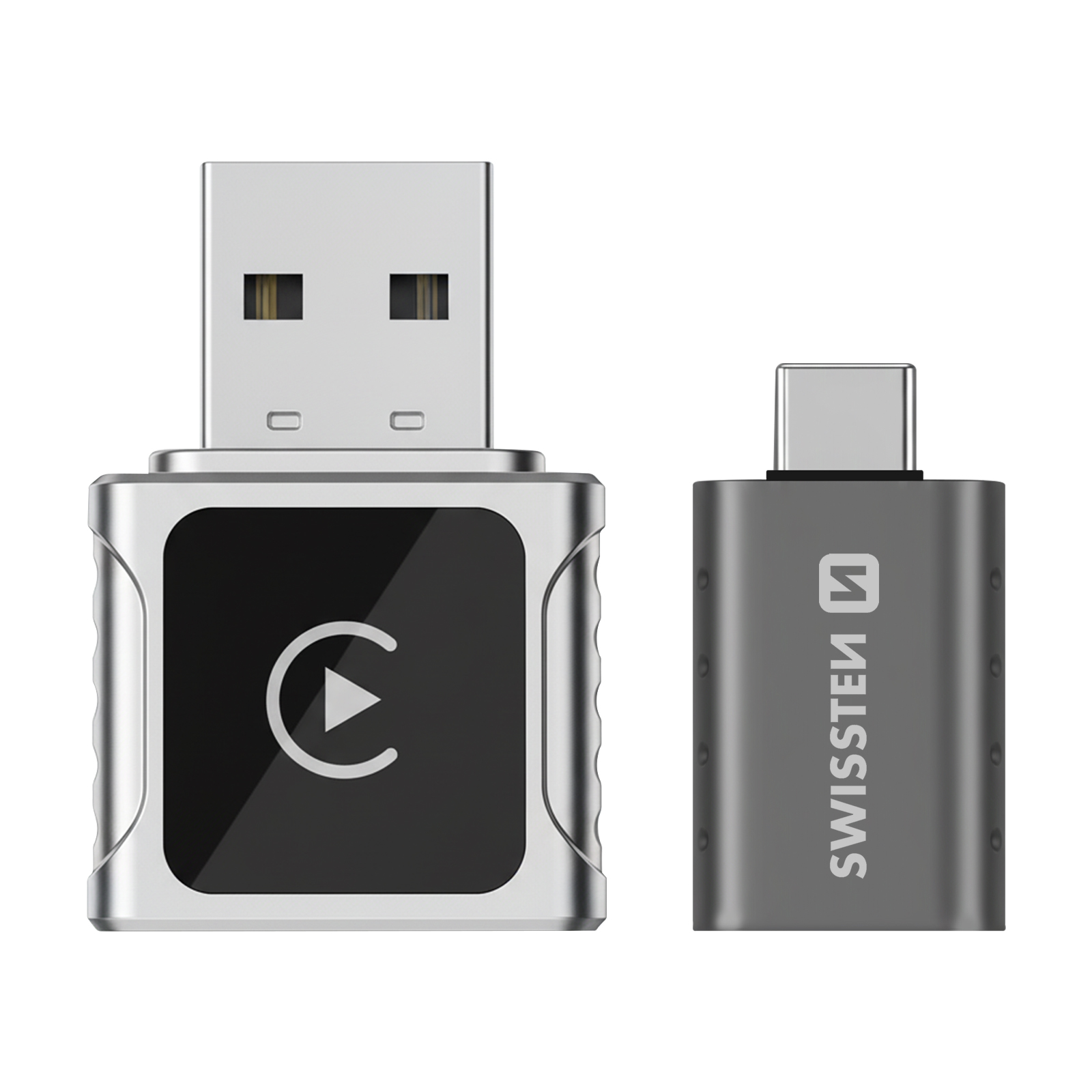 Deux adaptateurs USB argentés. Un avec connecteur USB-A et icône de lecture. L'autre a un connecteur USB-C.
