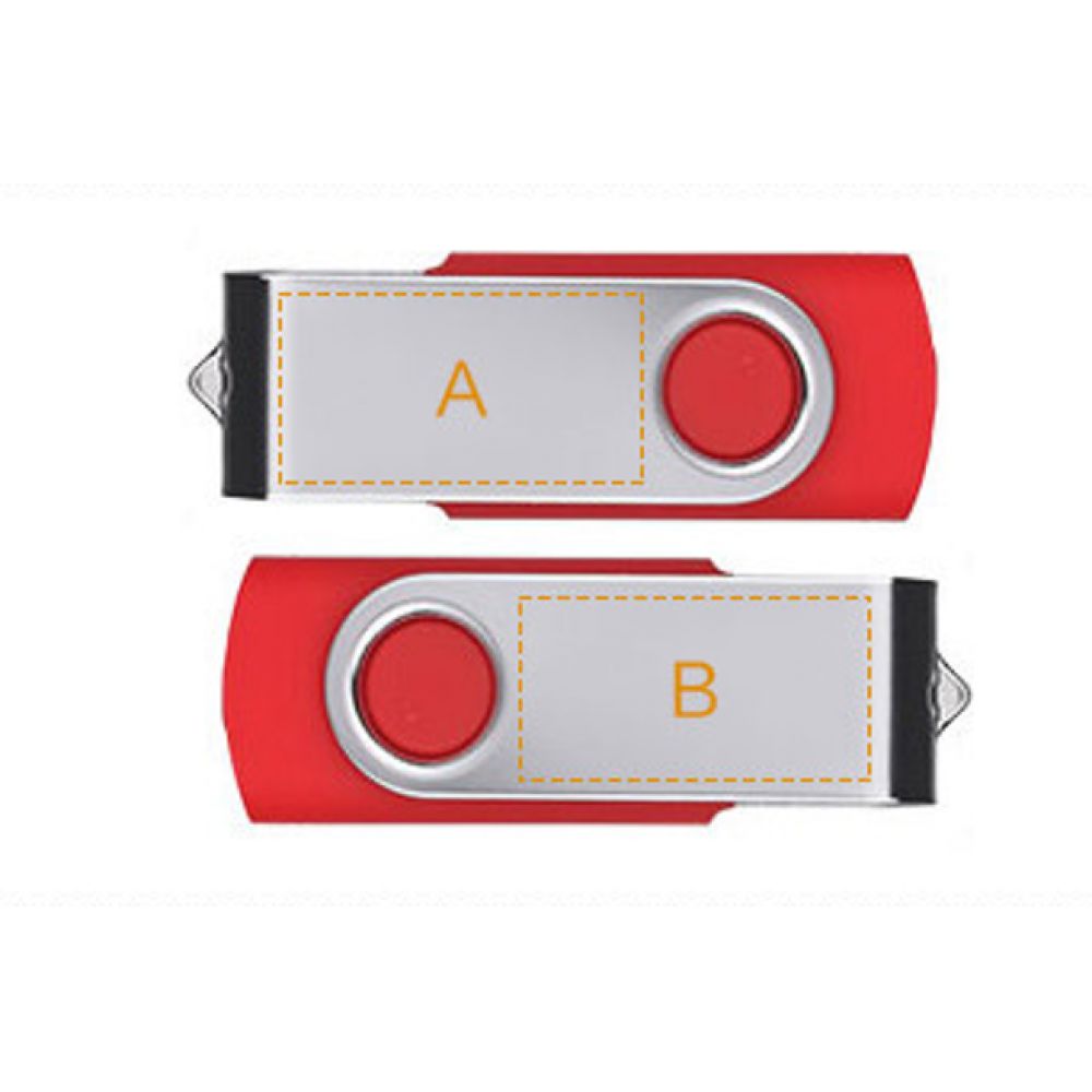 Zwei rote und silberne USB-Sticks, beschriftet mit A und B, sind abgebildet. Jeder hat ein Drehdesign und einen roten Knopf.