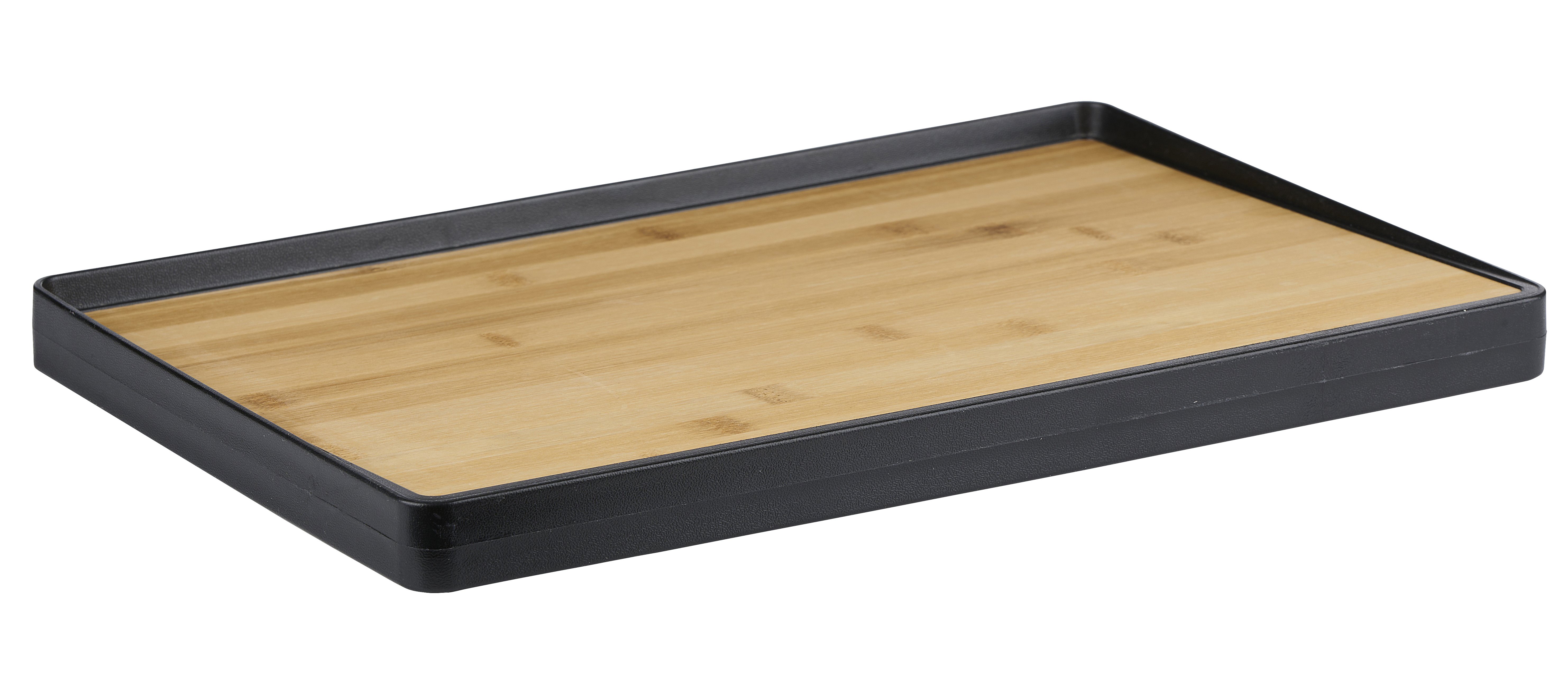 A rectangular bamboo tray with a black border. The tray sits on a white background.