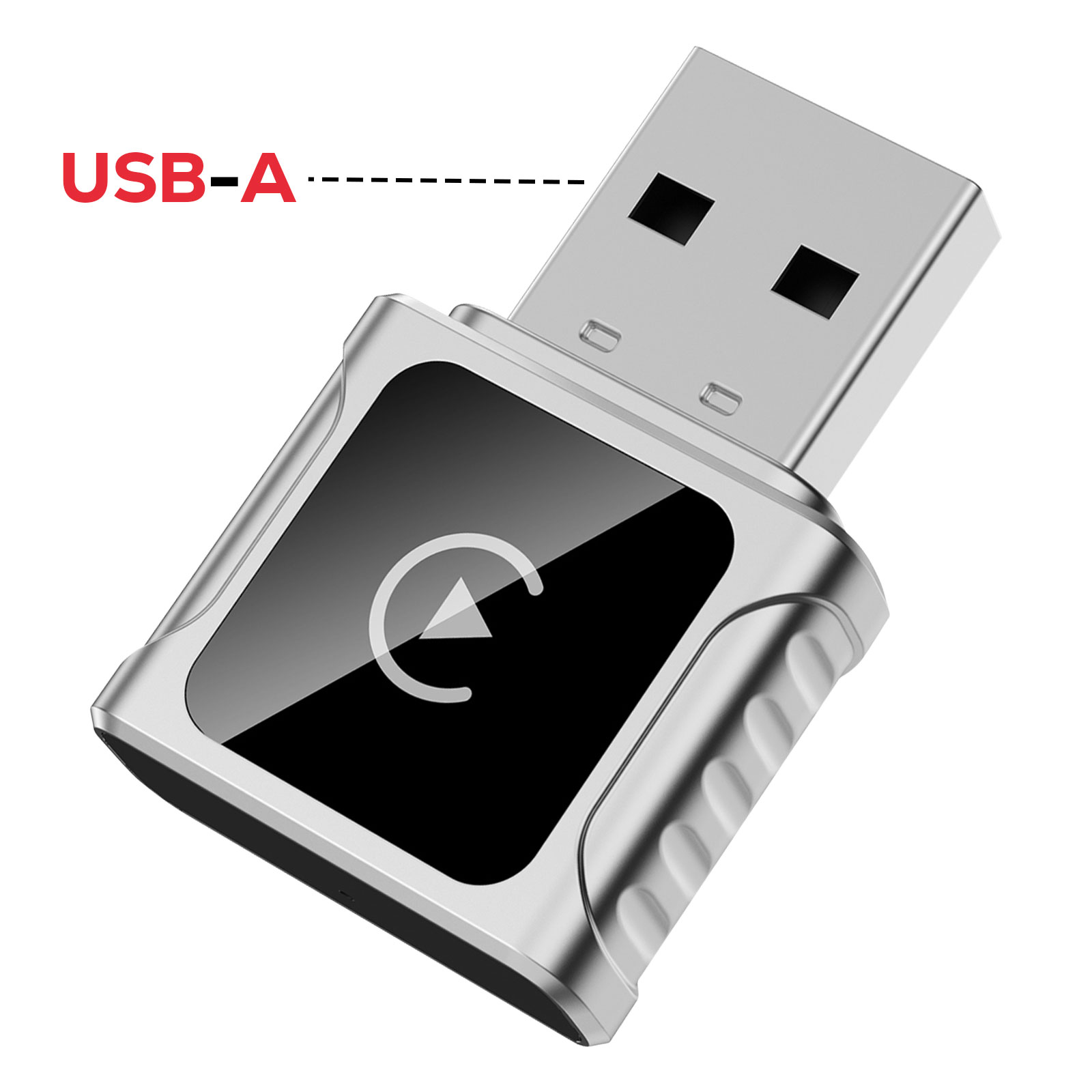 Adaptateur USB-A argenté avec écran noir et symbole de lecture blanc. Le texte 'USB-A' est au-dessus.