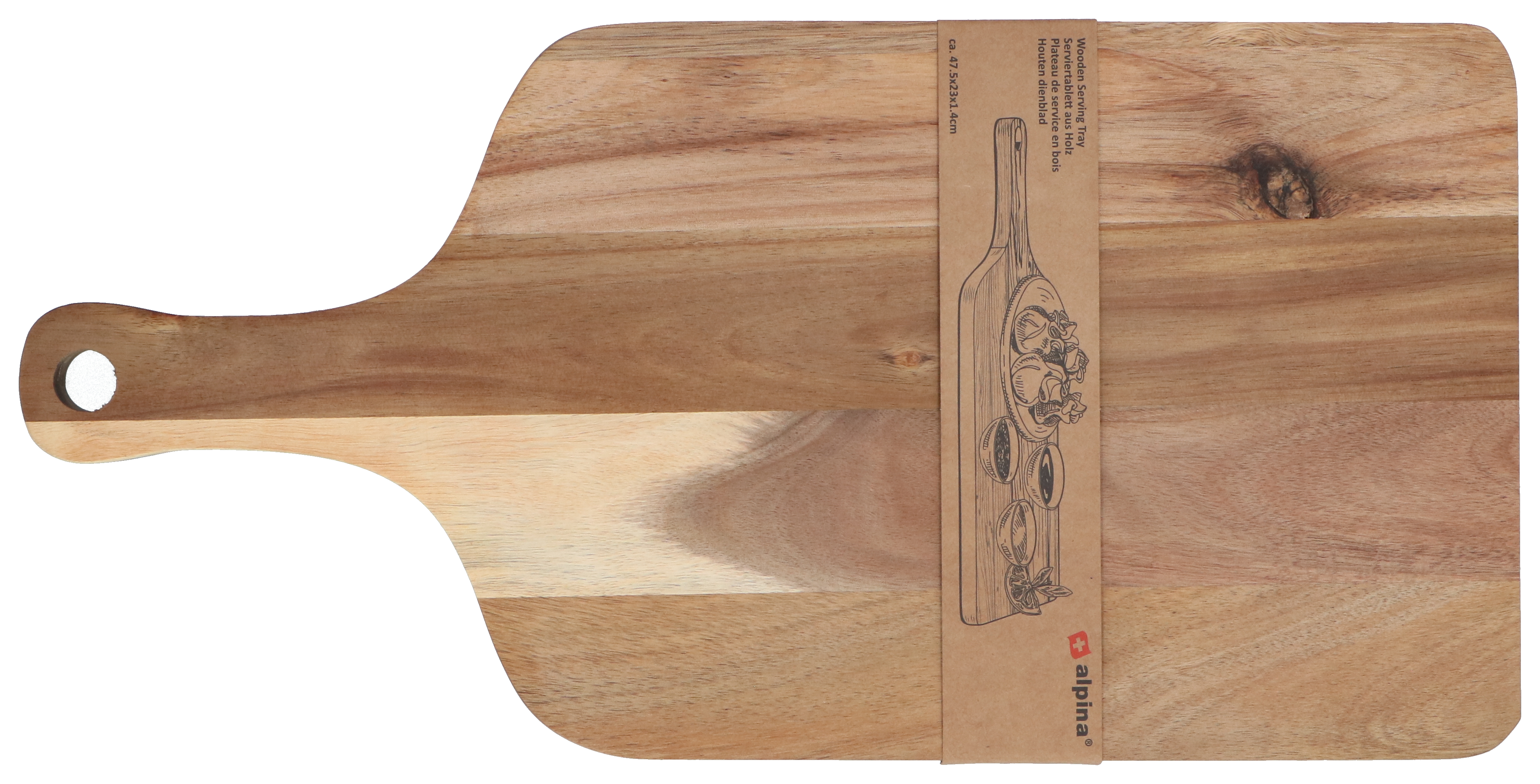 Een houten serveerblad met handvat en papieren band. Het blad is lichtbruin met zichtbare houtnerf.