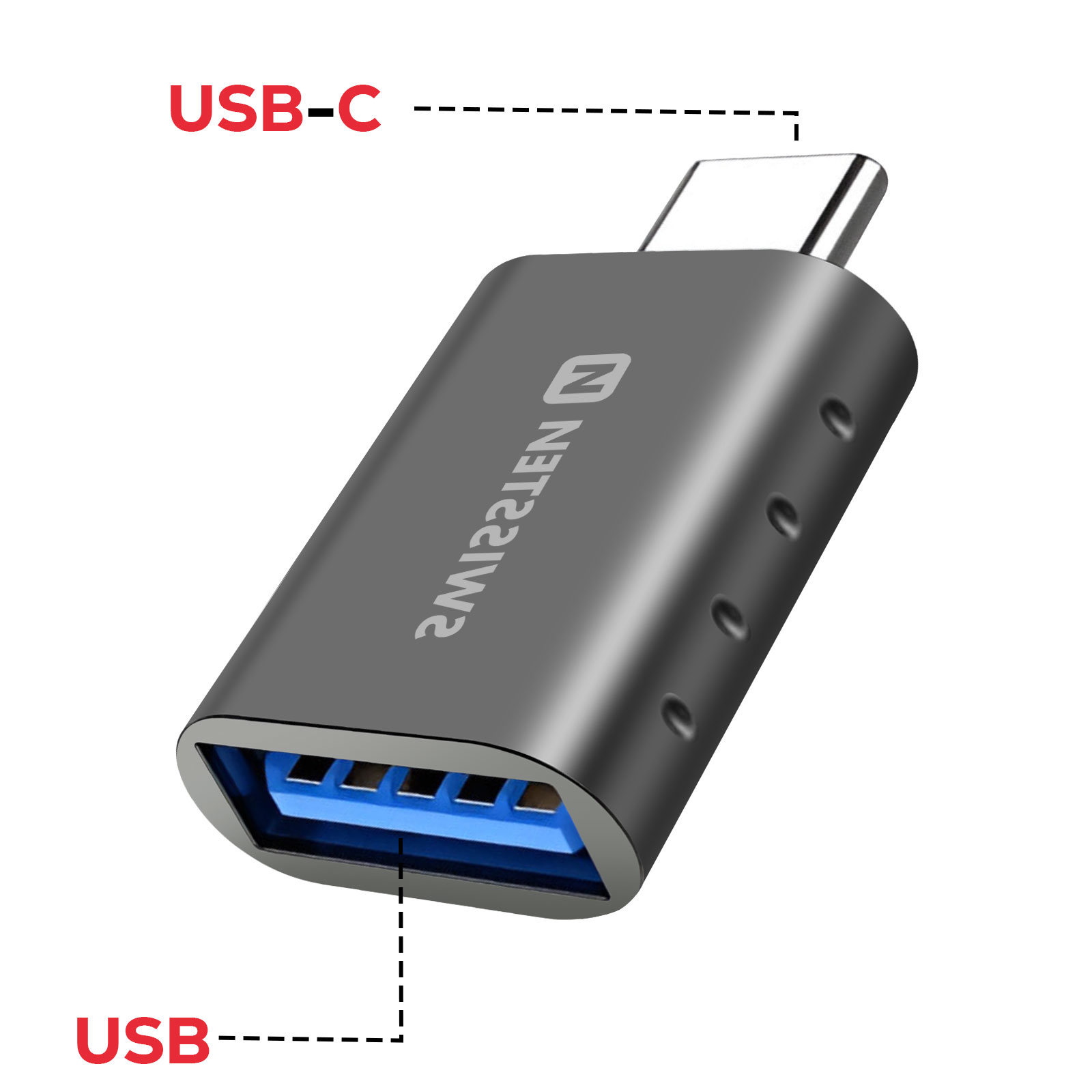 Un adaptateur USB-C vers USB gris. Le côté USB-C est en haut, le côté USB en bas. Fond blanc avec des étiquettes.