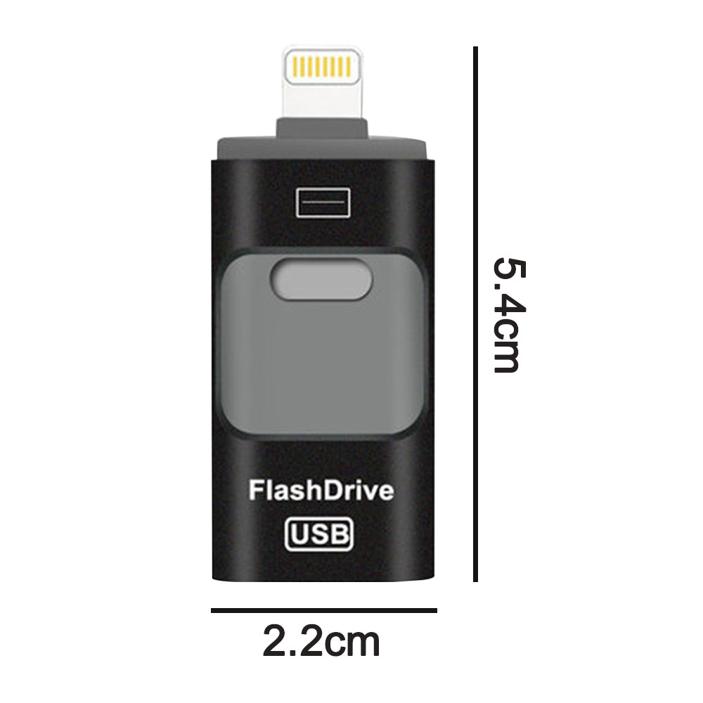 Schwarzer und grauer USB-Flash-Laufwerk. Es hat einen Lightning-Anschluss. Beschriftet mit FlashDrive USB. Abmessungen: 5,4 cm x 2,2 cm.