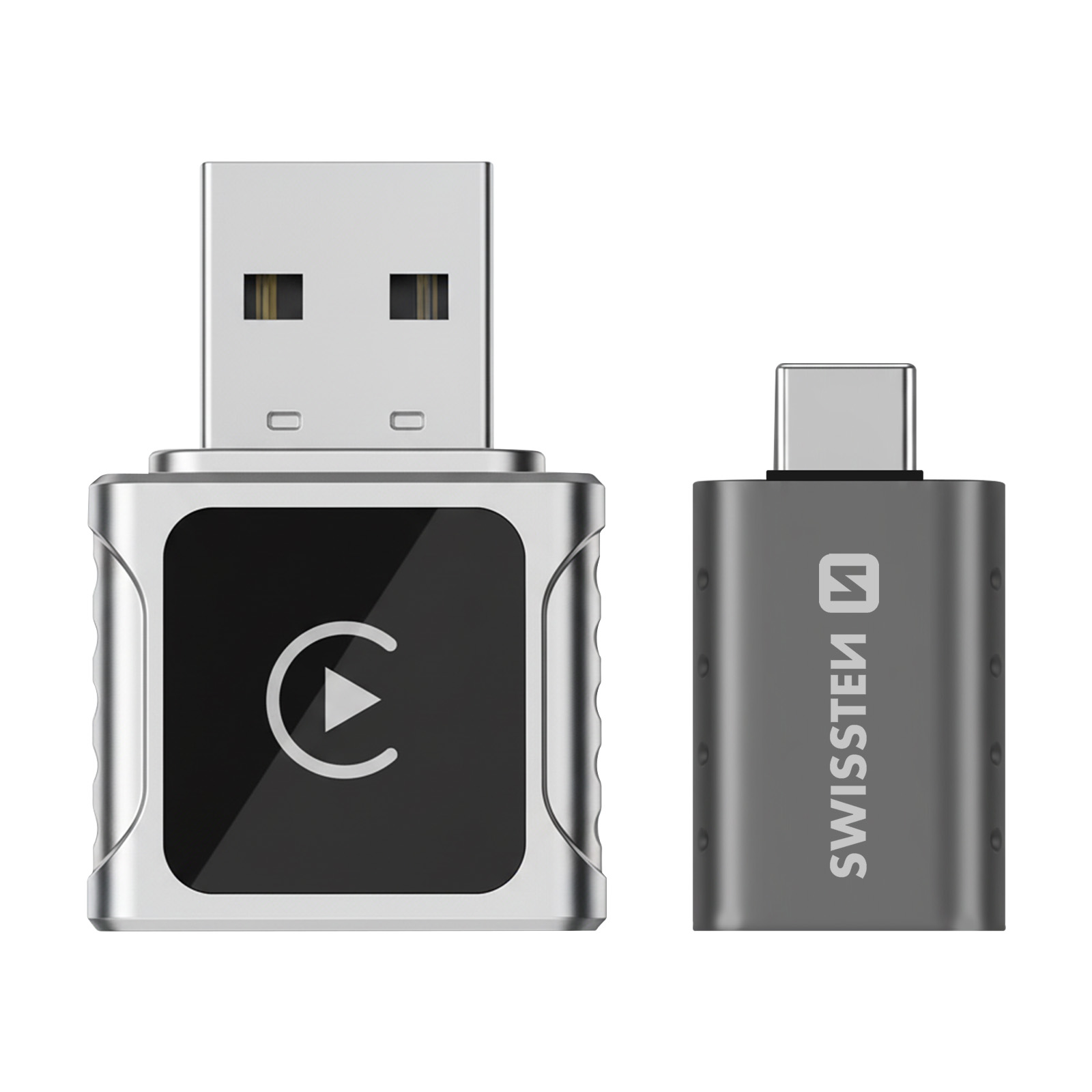 Deux adaptateurs USB : un avec une prise USB-A et un symbole de lecture, l'autre avec une prise USB-C et la marque SwissTen.